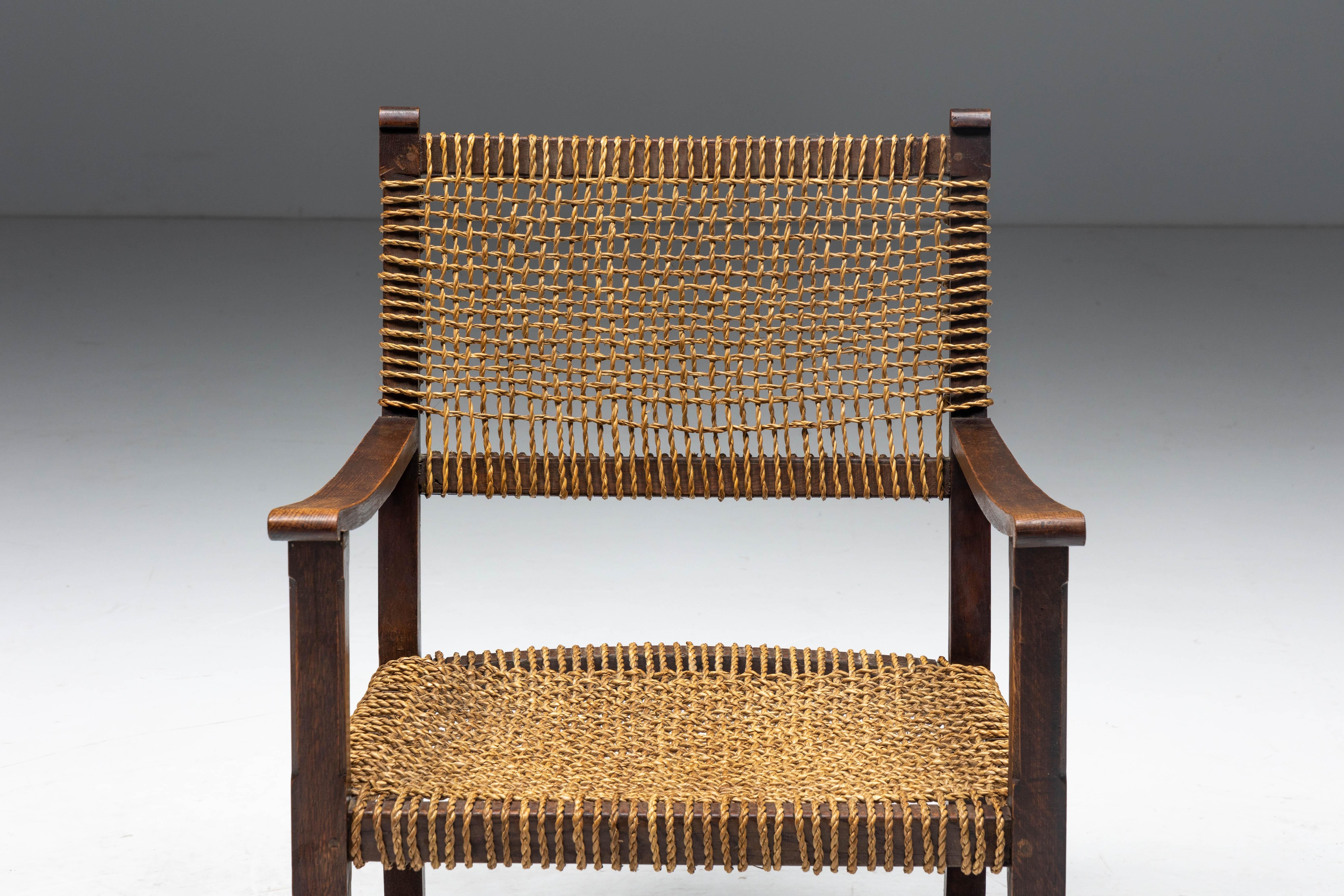 Mid-20th Century Rustic Easy Chair in Solid Wood and Rope, France, 1930s For Sale