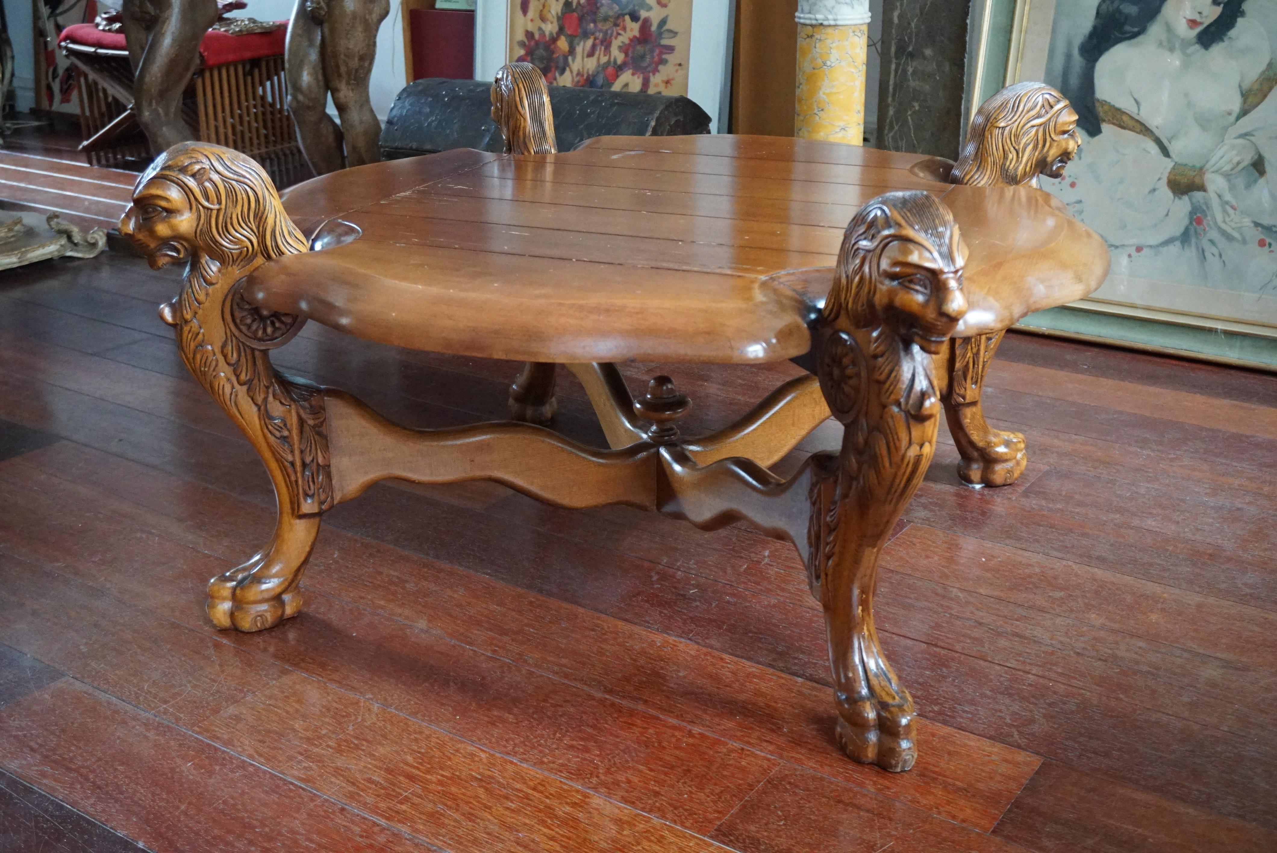 Italian Rustic Elegance Hand-Carved Lion Leg Coffee Table, France or Italy, circa 1940s For Sale