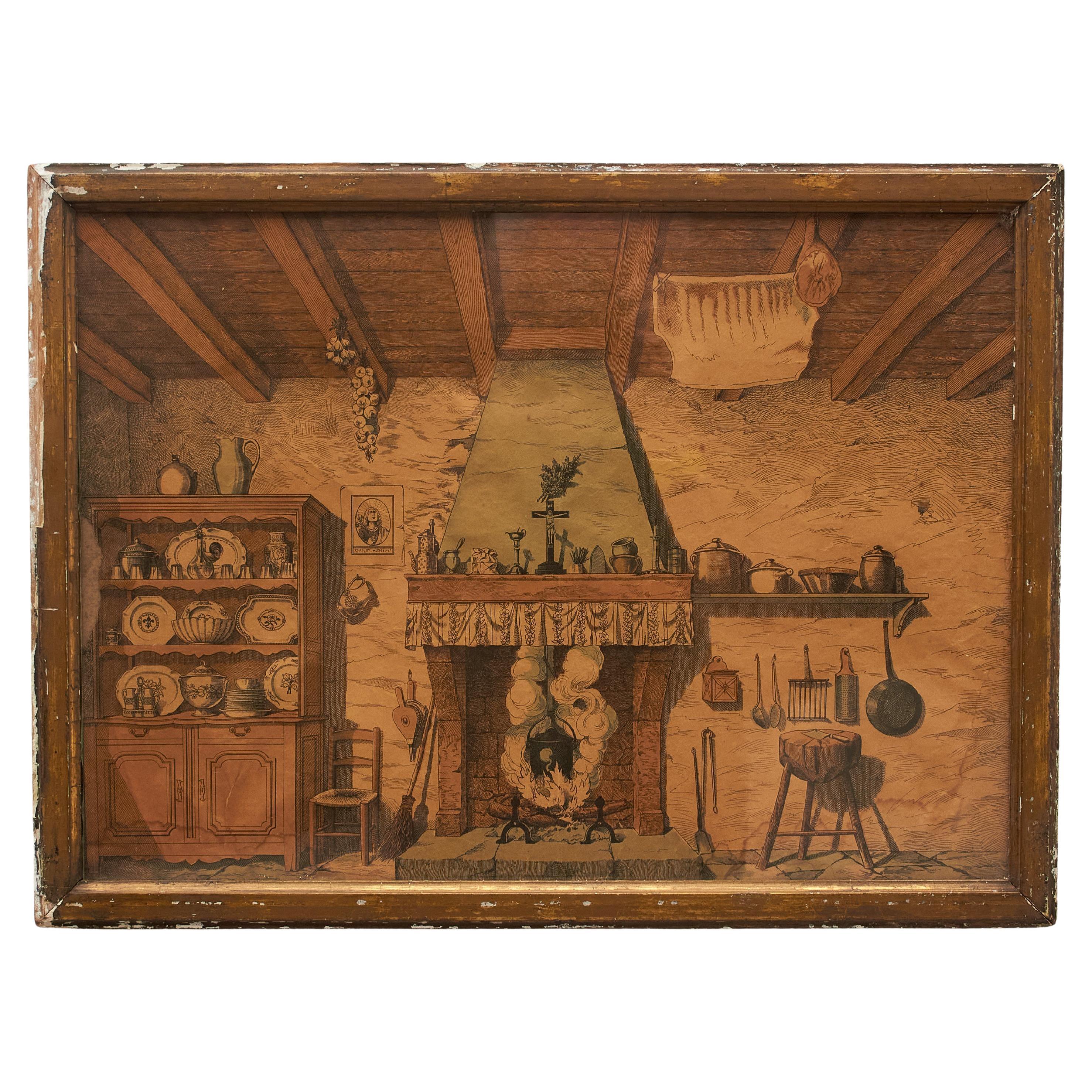 Rustic Elegance: Vintage 20th Century French Color Engraving  For Sale