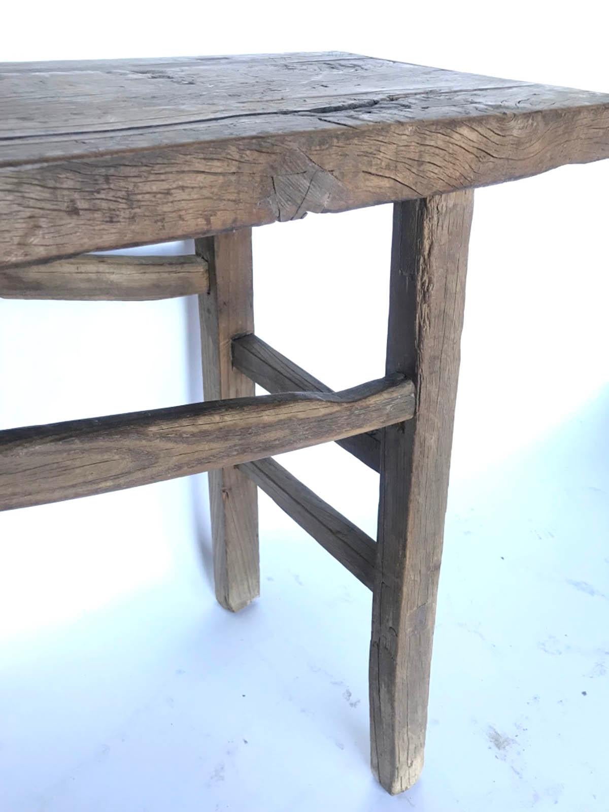 Rustic Elm Wood Console / Altar Table with Curved Stretchers In Good Condition In Los Angeles, CA