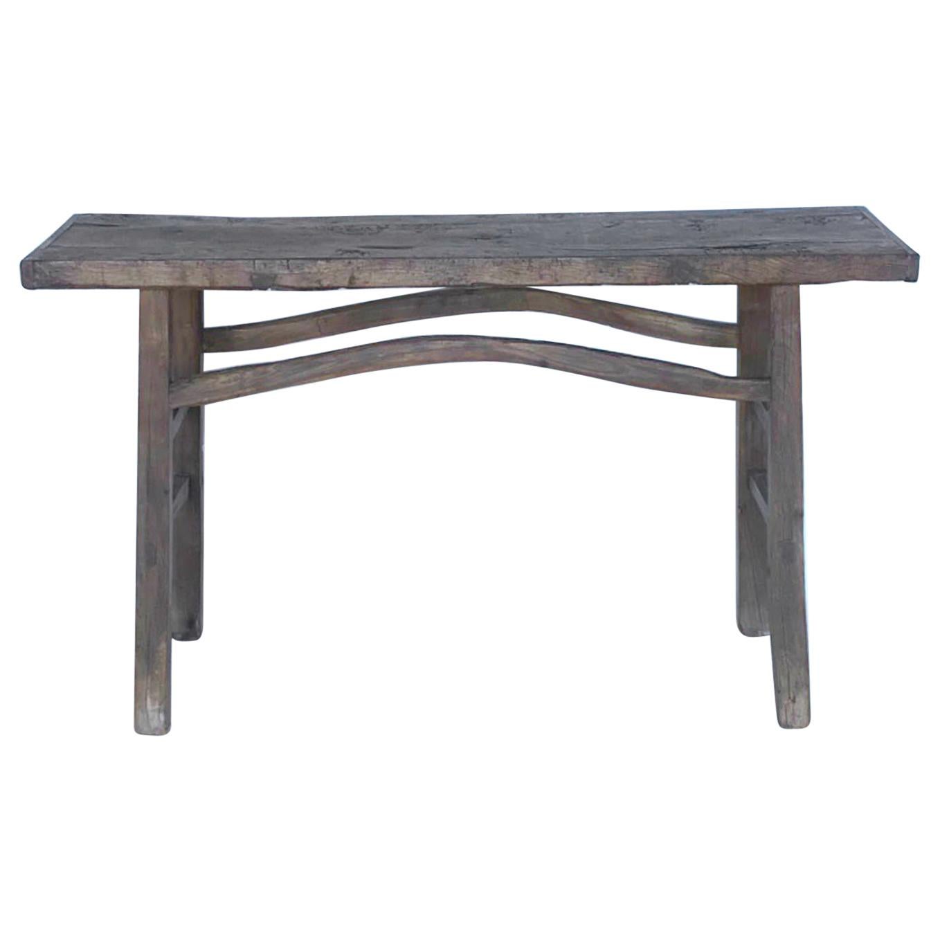 Rustic Elm Wood Console / Altar Table with Curved Stretchers