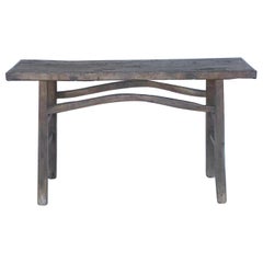 Antique Rustic Elm Wood Console / Altar Table with Curved Stretchers