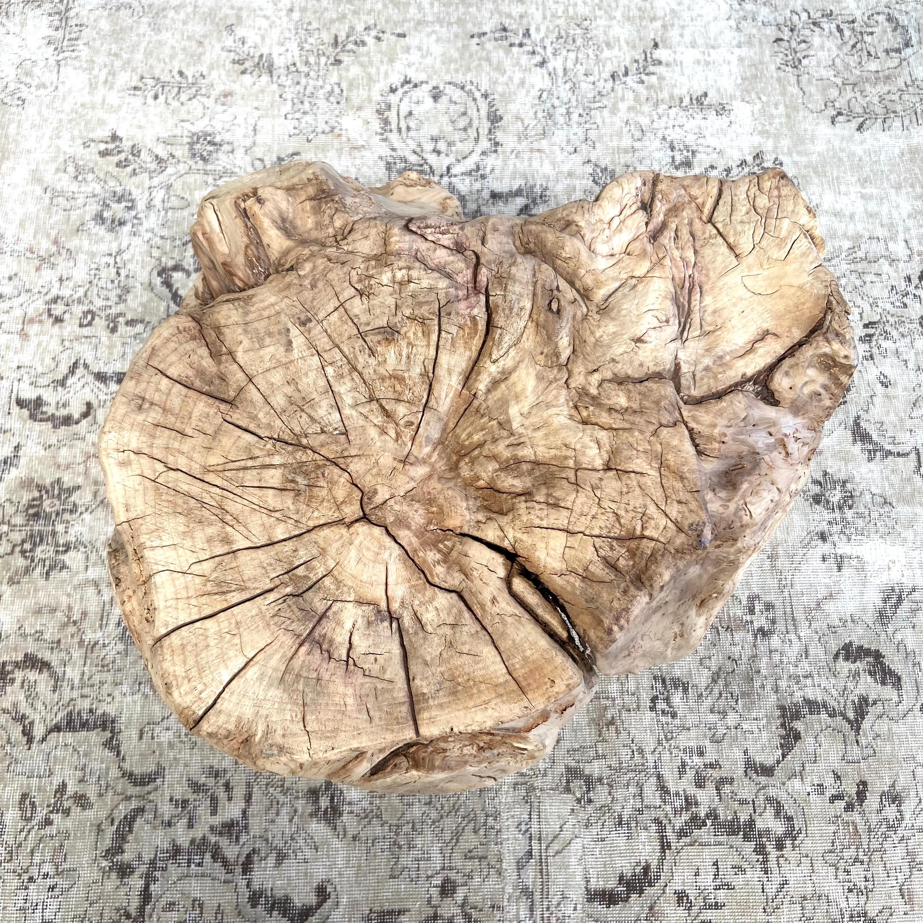 This solid stump slice was turned into a side table or stool. The solid thick top has a beautiful movement with unique characteristics. A natural live edge to show shape and form of what was.
Solid and sturdy, perfect earthy organic piece to add to