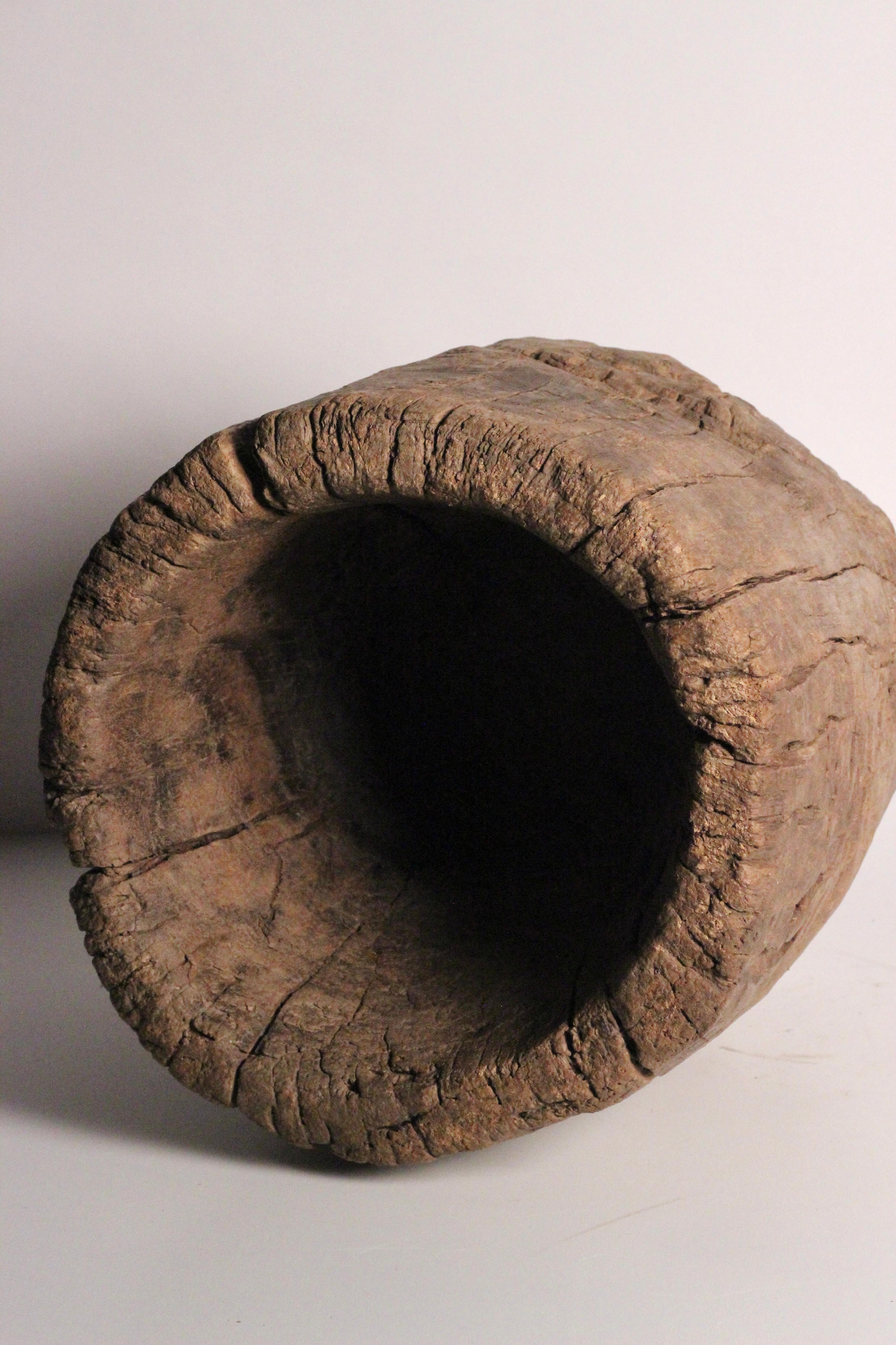 Rustic Elm Wooden Large Mortar Bowl Hand Carved from One Piece of Tree Trunk For Sale 2