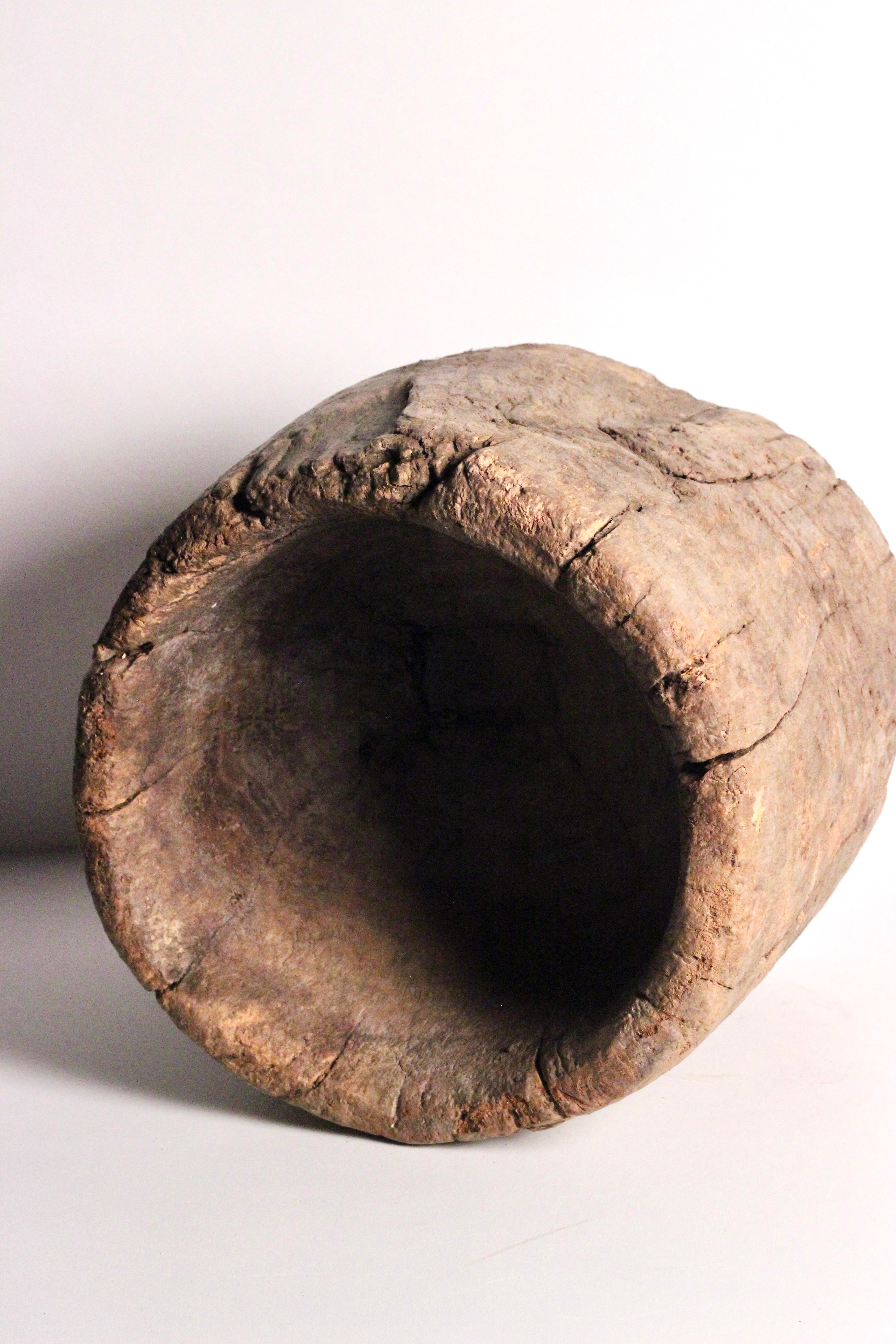 Hand-Carved Rustic Elm Wooden Large Mortar Bowl Hand Carved from One Piece of Tree Trunk For Sale