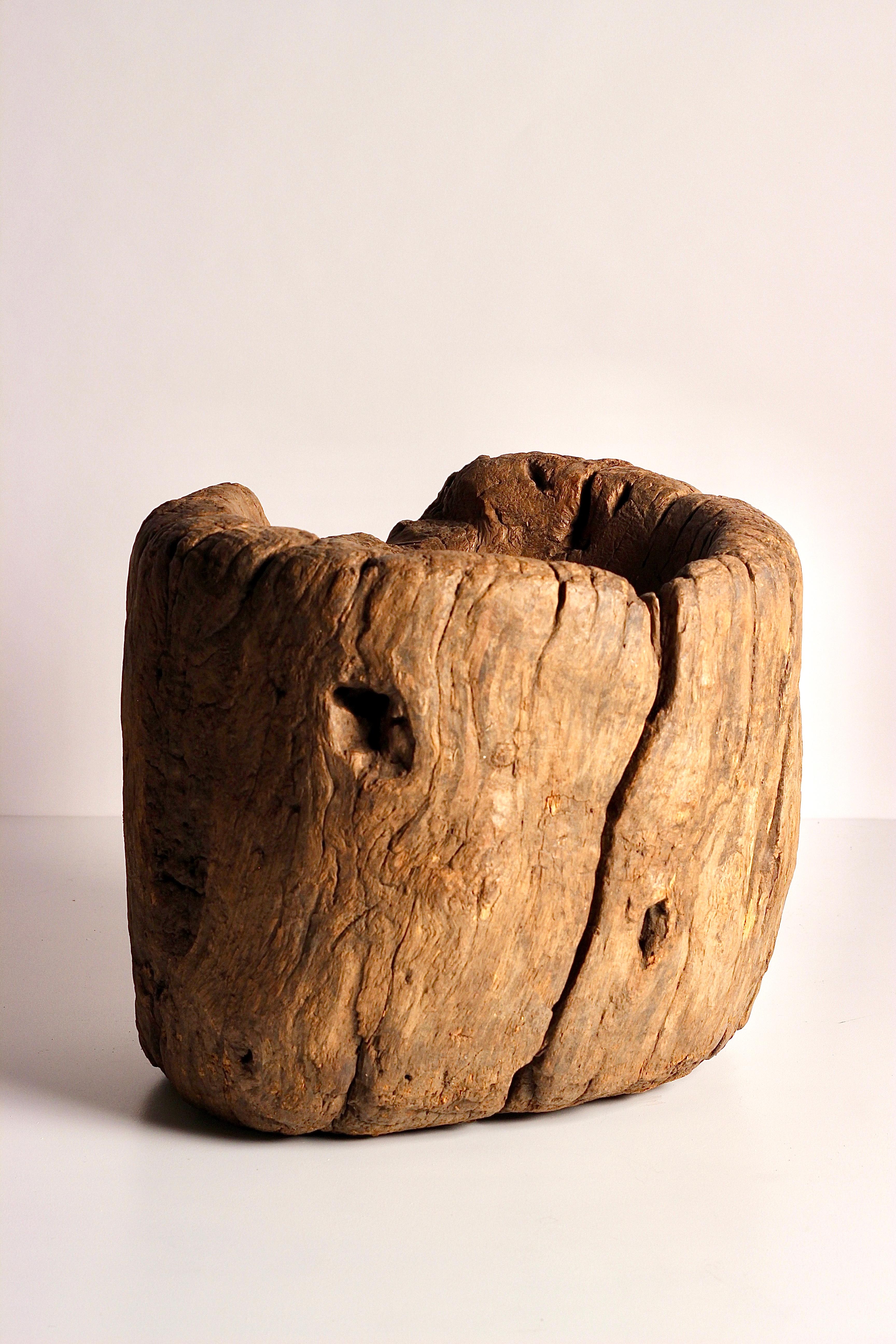 Rustic Elm Wooden Large Mortar Bowl Hand Carved from One Piece of Tree Trunk For Sale 1