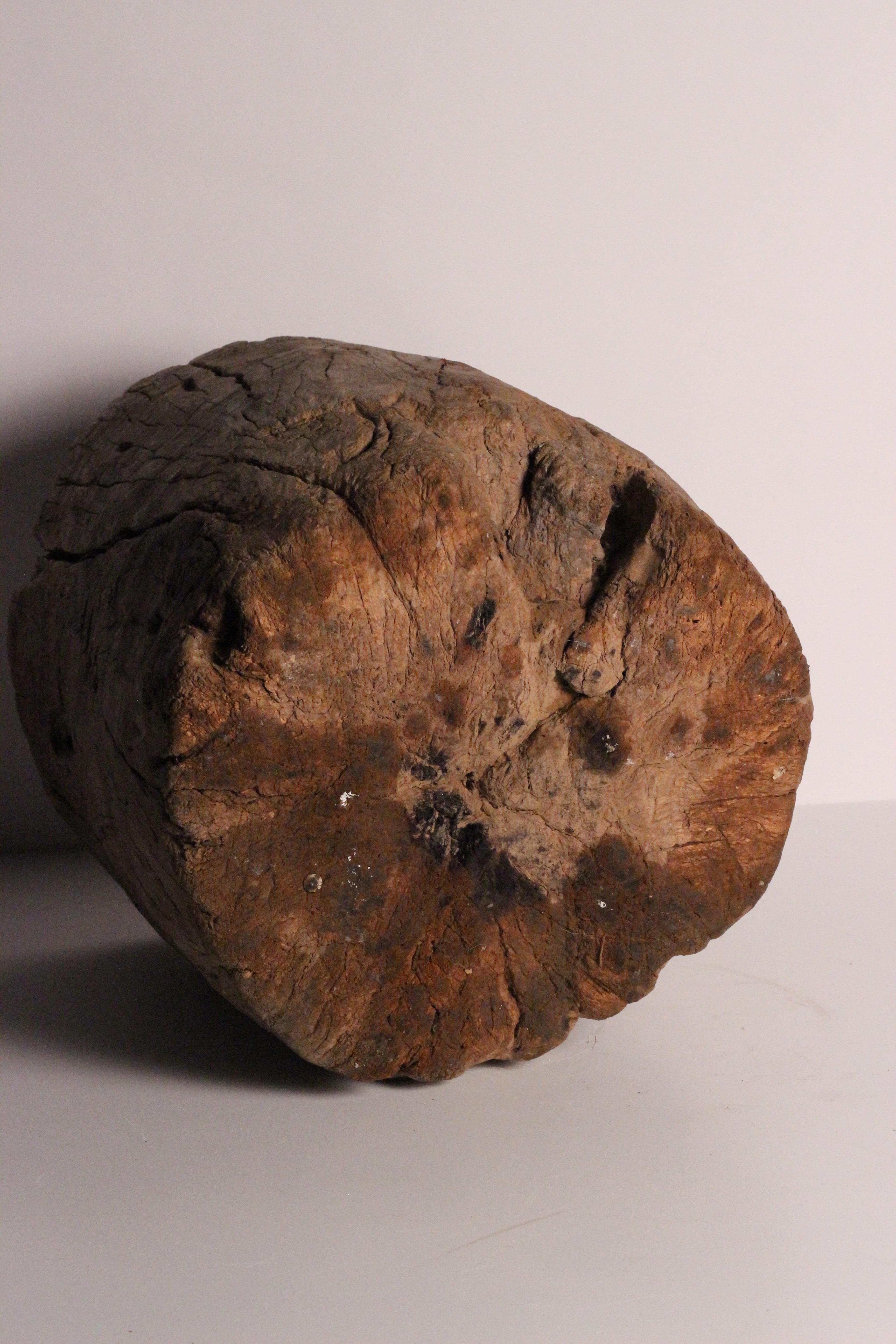 Chinese Rustic Elm Wooden Large Mortar Bowl Hand Carved from One Piece of Tree Trunk For Sale