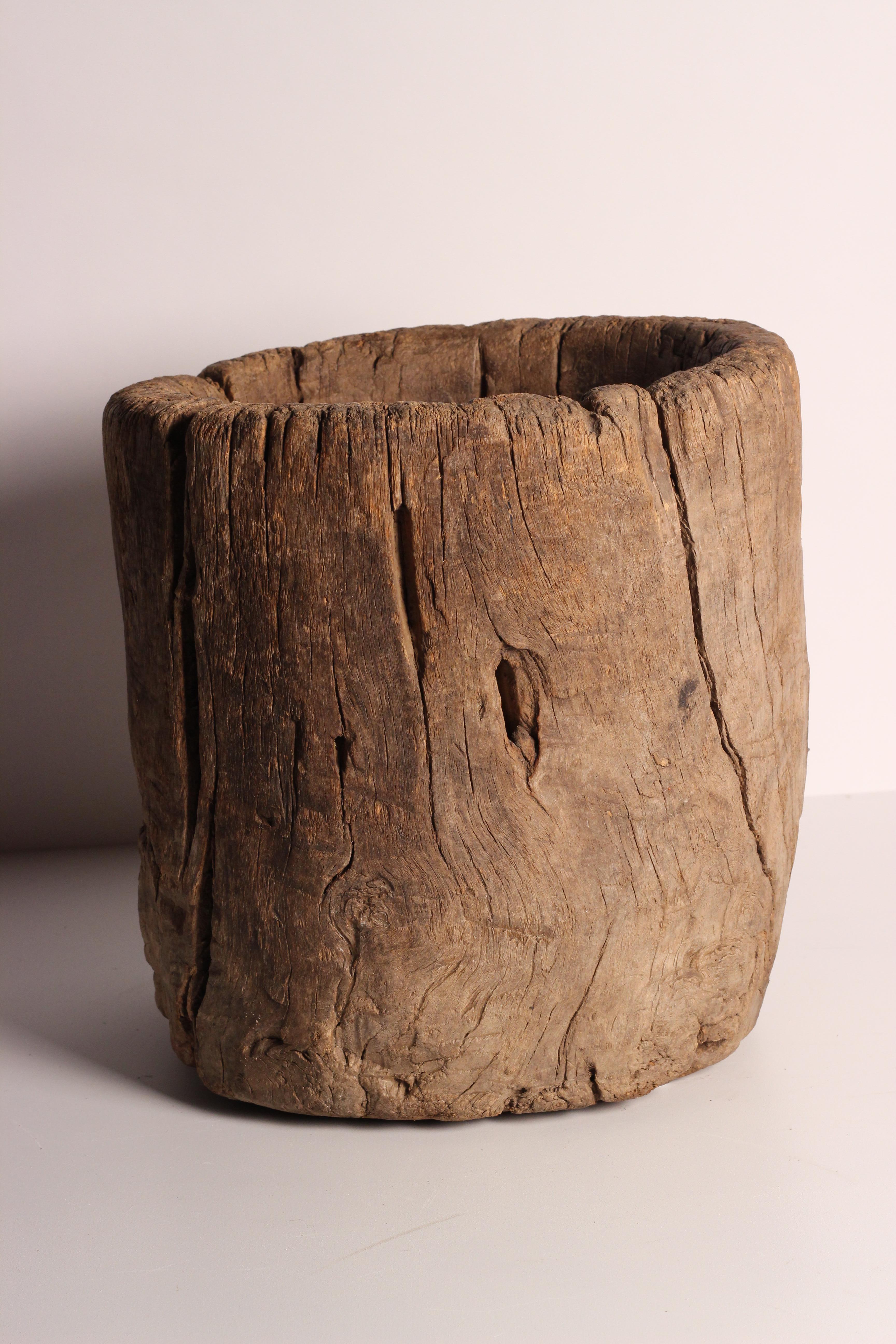 Hand-Carved Rustic Elm Wooden Large Mortar Bowl Hand Carved from One Piece of Tree Trunk For Sale