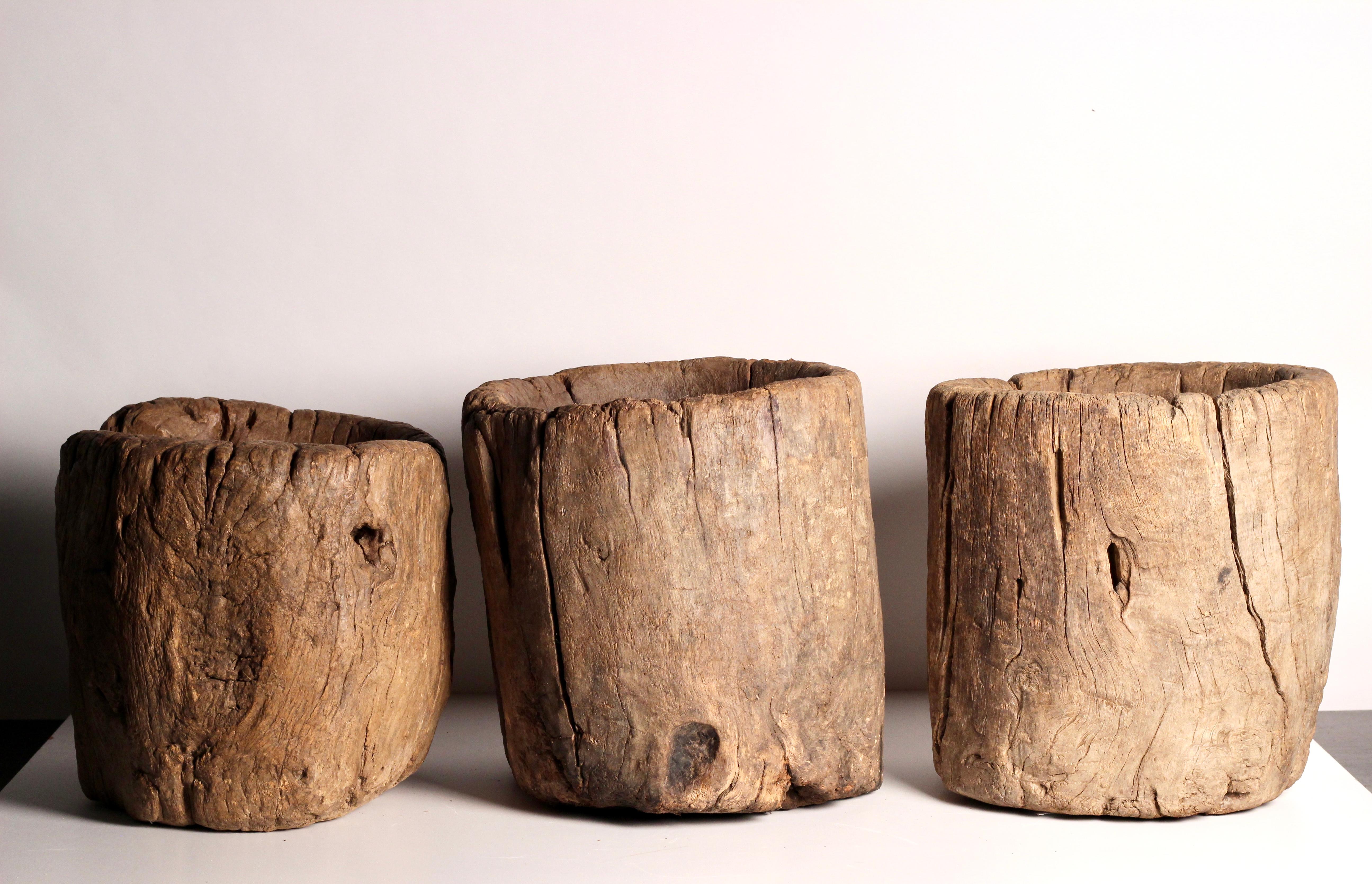 Rustic Elm Wooden Large Mortar Bowl Hand Carved from One Piece of Tree Trunk In Distressed Condition In London, GB