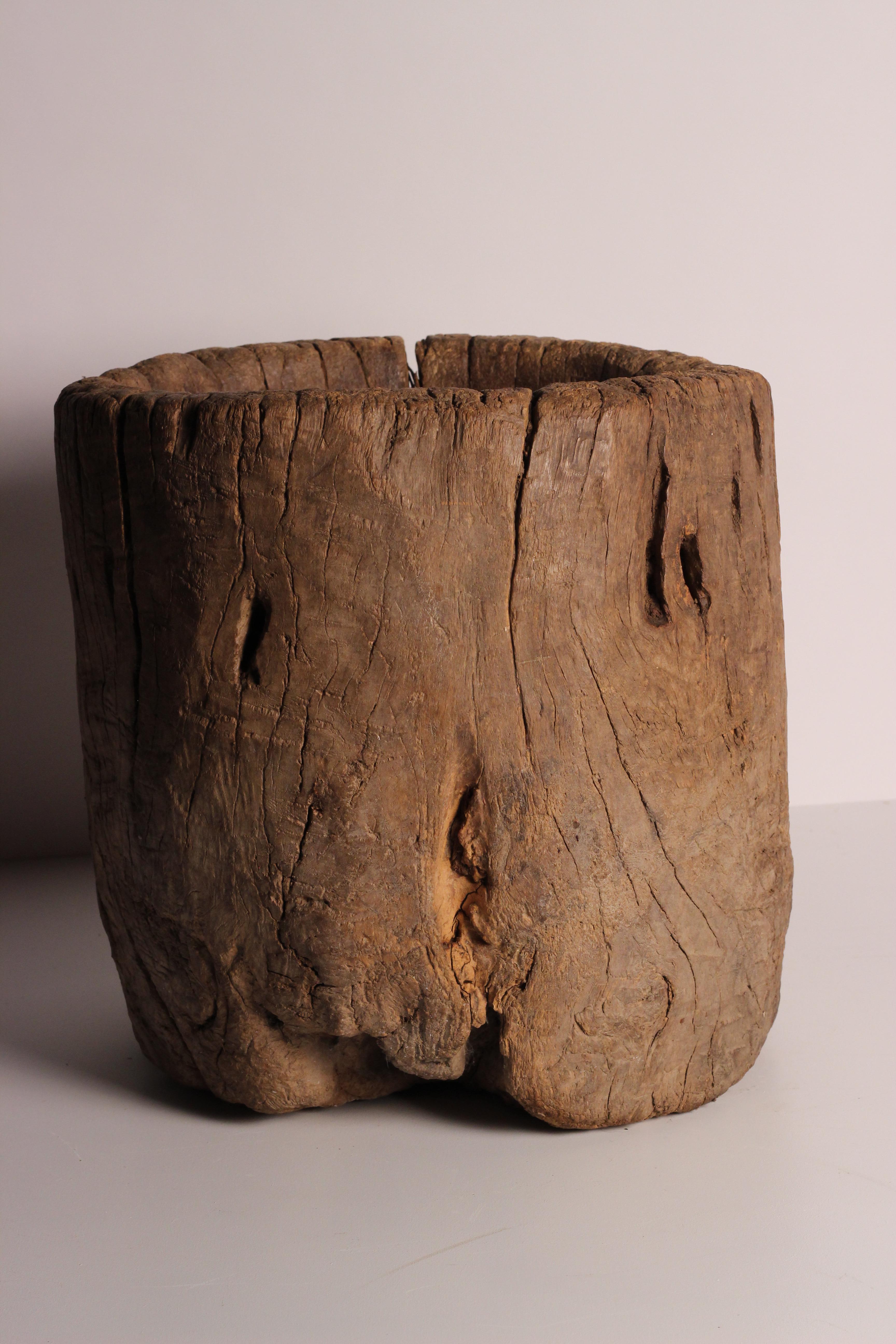 19th Century Rustic Elm Wooden Large Mortar Bowl Hand Carved from One Piece of Tree Trunk