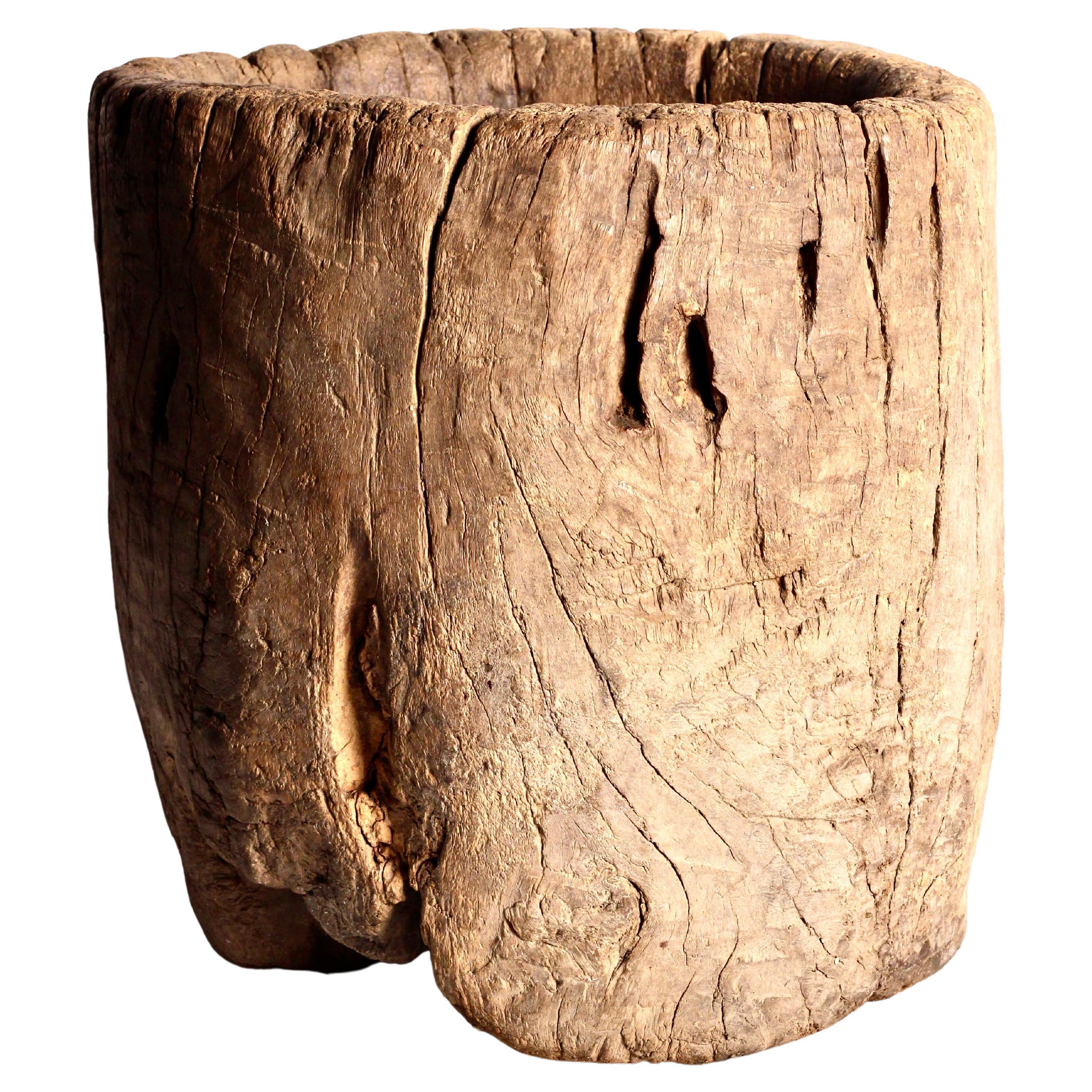Rustic Elm Wooden Large Mortar Bowl Hand Carved from One Piece of Tree Trunk For Sale
