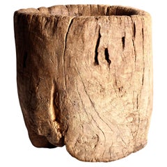 Rustic Elm Wooden Large Mortar Bowl Hand Carved from One Piece of Tree Trunk