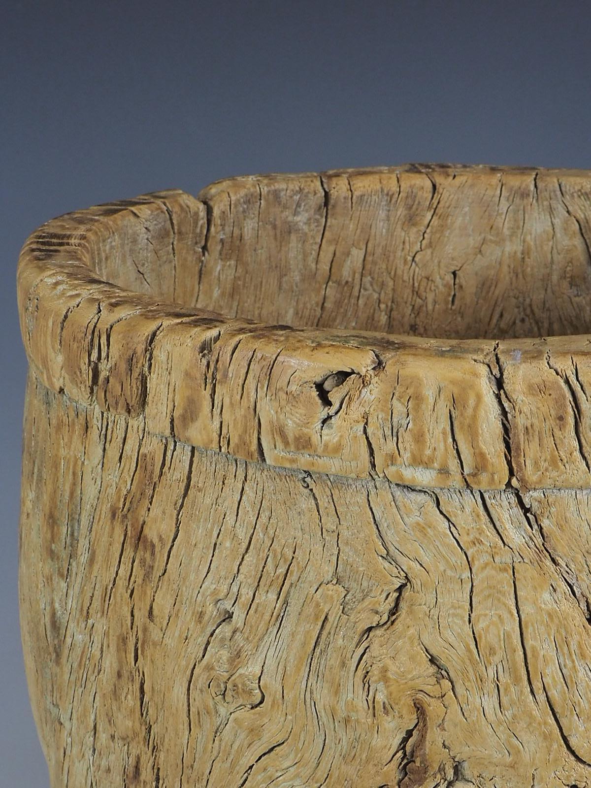 19th Century Rustic Elm Wooden Large Mortar/Grain Bowl Hand Carved For Sale