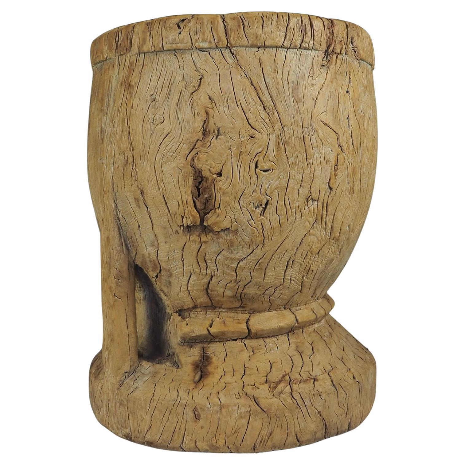 Rustic Elm Wooden Large Mortar/Grain Bowl Hand Carved For Sale