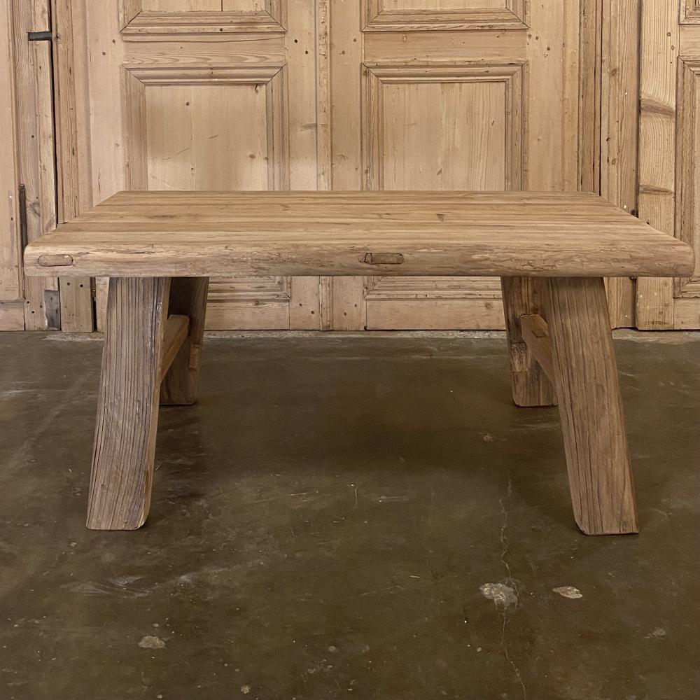 Rustic Elmwood coffee table was handcrafted from reclaimed solid old-growth elm wood to last for another century or more! The heavy plank top as well as the timber legs feature a rounded edge for a softer, more ergonomic effect. Ideal for the casual