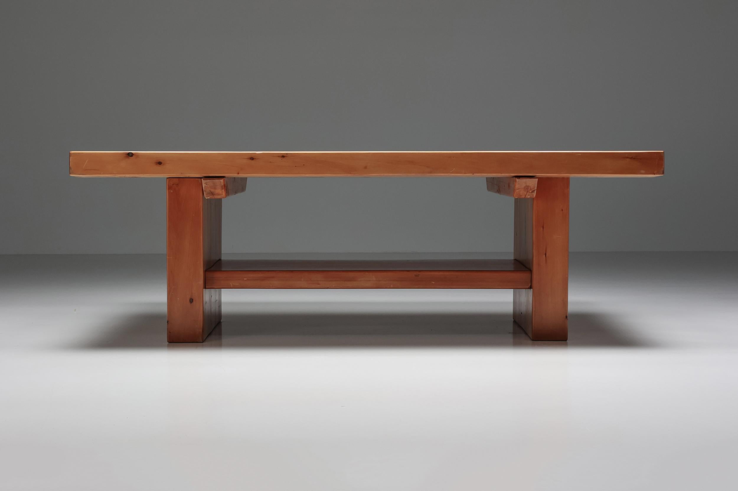 Chapo; French furniture design; Craftsmanship; 1960s; Dining table; Solid elmwood; Donald Judd; Pierre Chapo; Marcel Breuer; Bahaus; Thonet; Rustic

Rustic French dining table in solid elmwood. The visible construction elements remind us of the