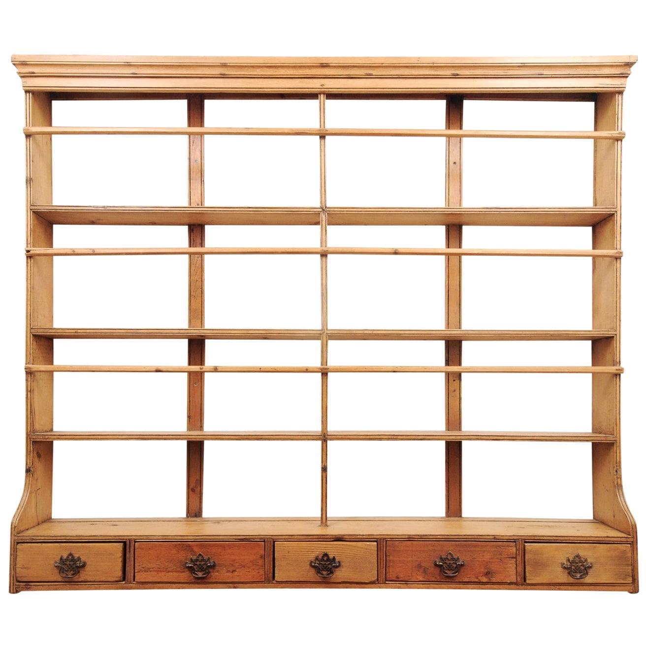 Rustic English 1820s Georgian Period Pine Plate Rack with Five Low Drawers