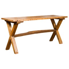 Rustic English 1870s Pine Farm Table with X-Frame Trestle Base and Patina