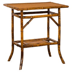 Rustic English 1920s Bamboo Side Table with Rattan Top and Shelf