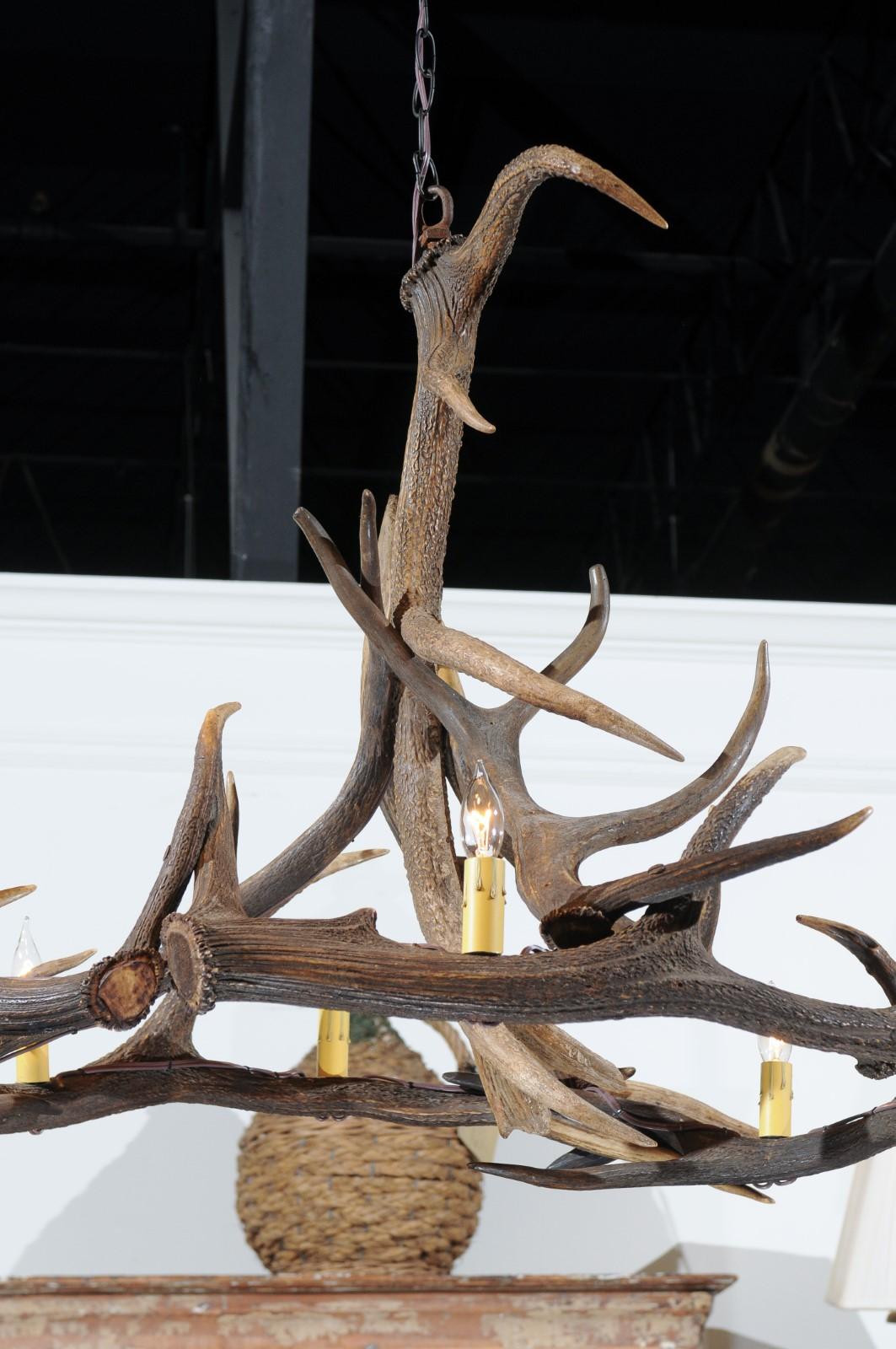 Rustic English 1960s Naturally Shed Fallow Deer Antler Six-Light Chandelier 1