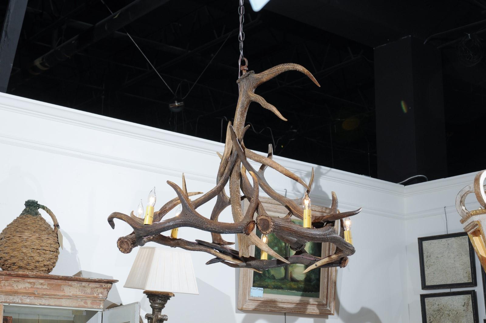 Rustic English 1960s Naturally Shed Fallow Deer Antler Six-Light Chandelier 2