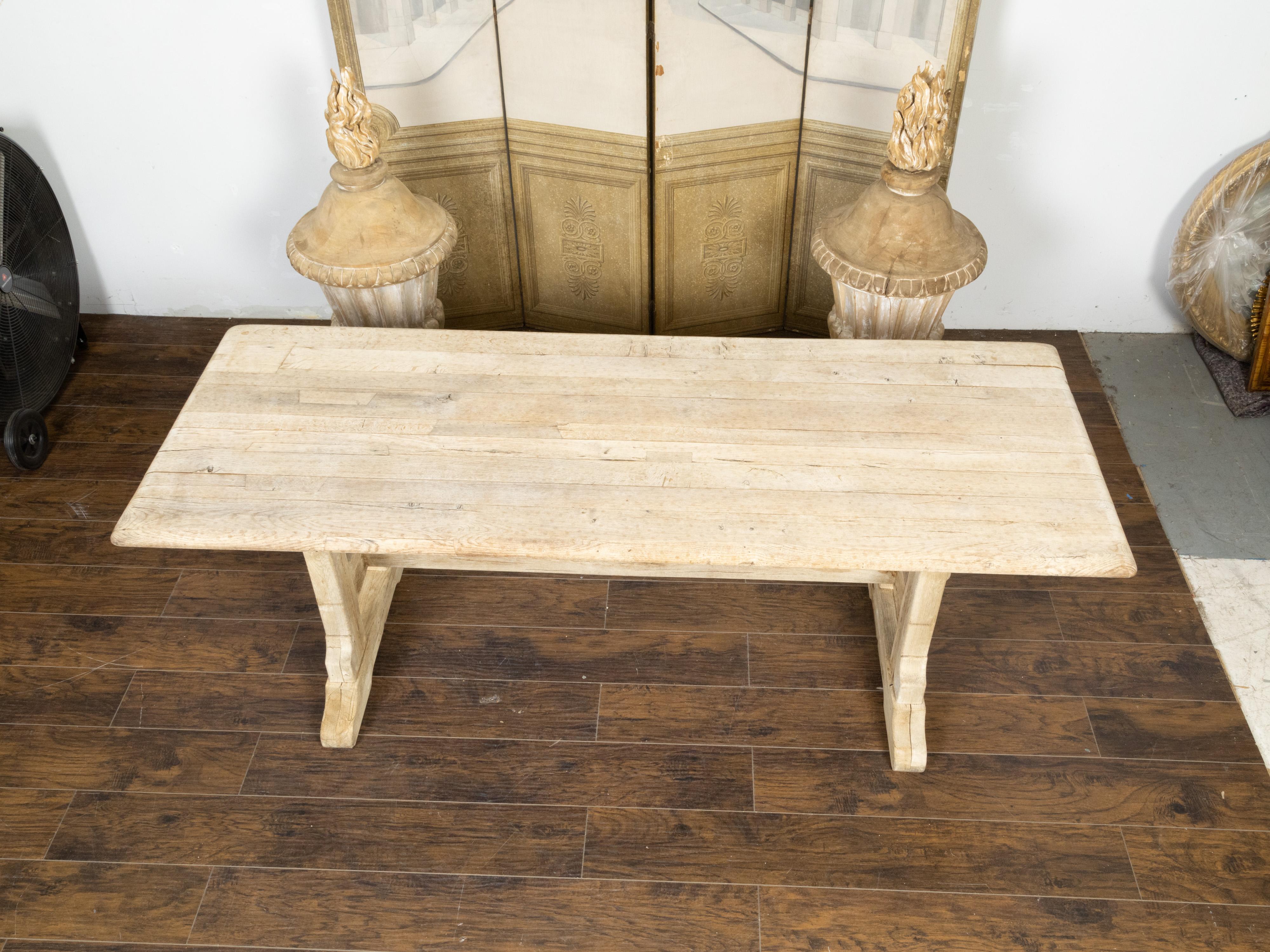 Rustic English 19th Century Natural Wood Farm Table with Trestle Base For Sale 2