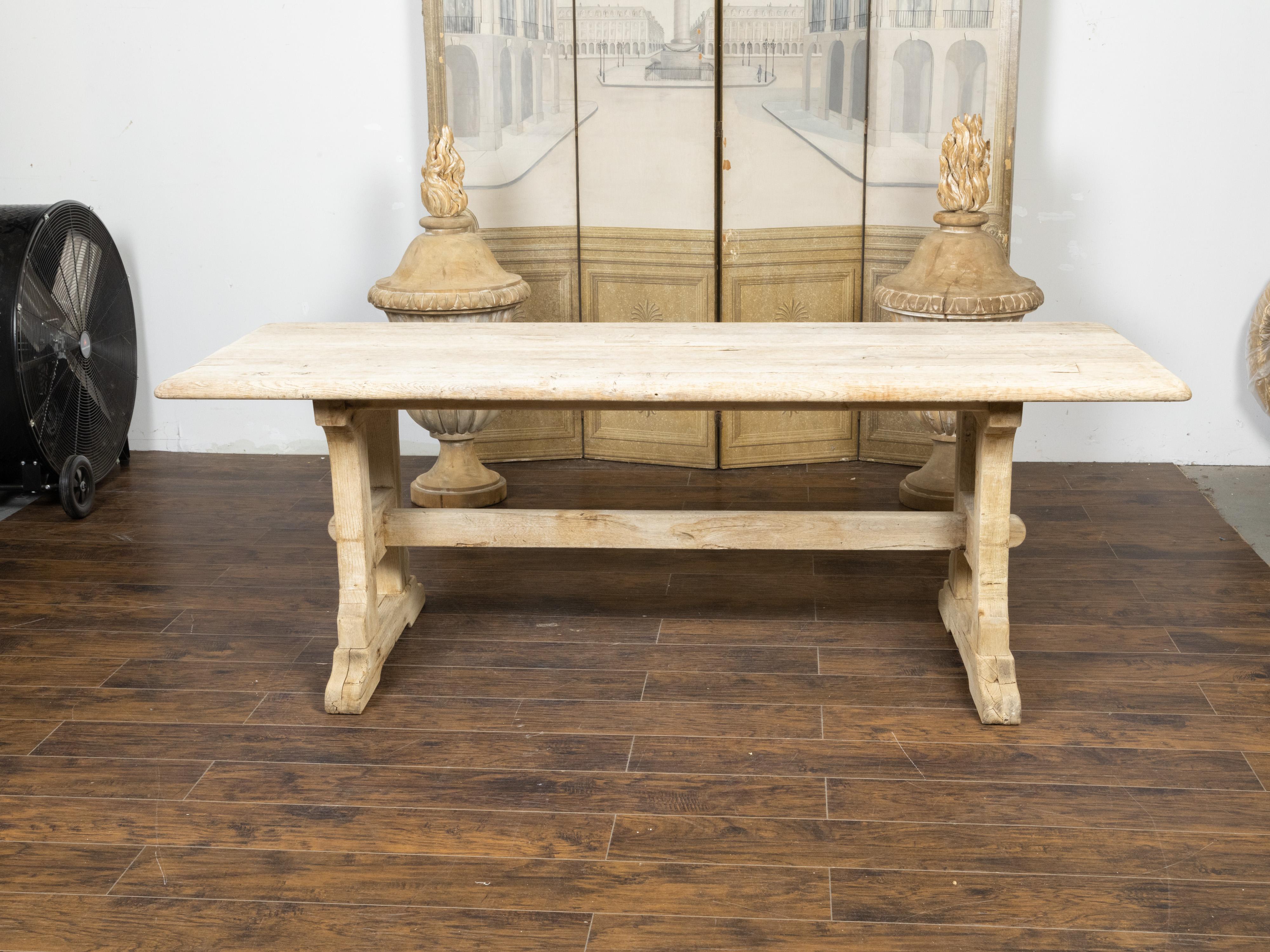 Rustic English 19th Century Natural Wood Farm Table with Trestle Base For Sale 5