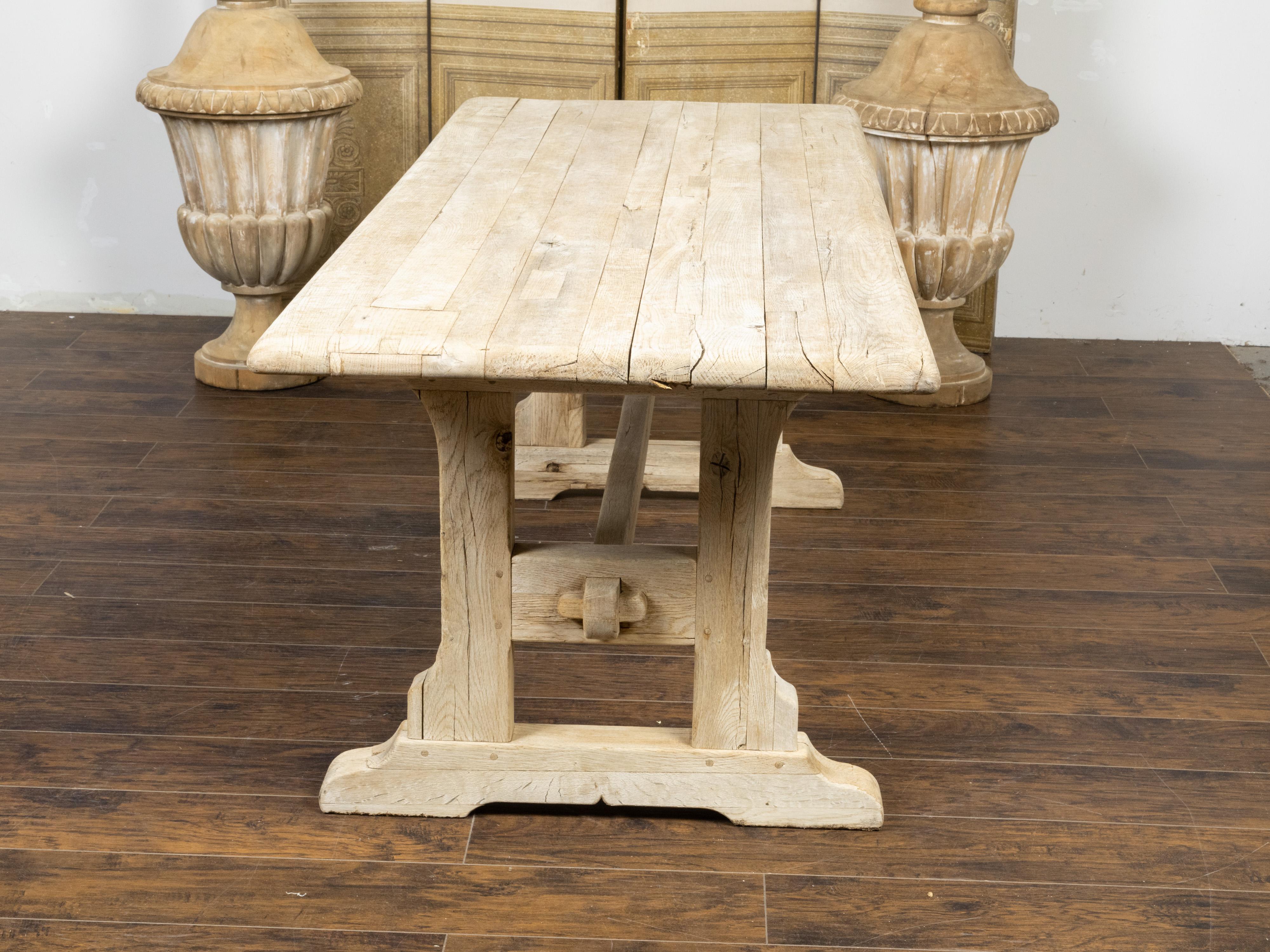 Rustic English 19th Century Natural Wood Farm Table with Trestle Base For Sale 6
