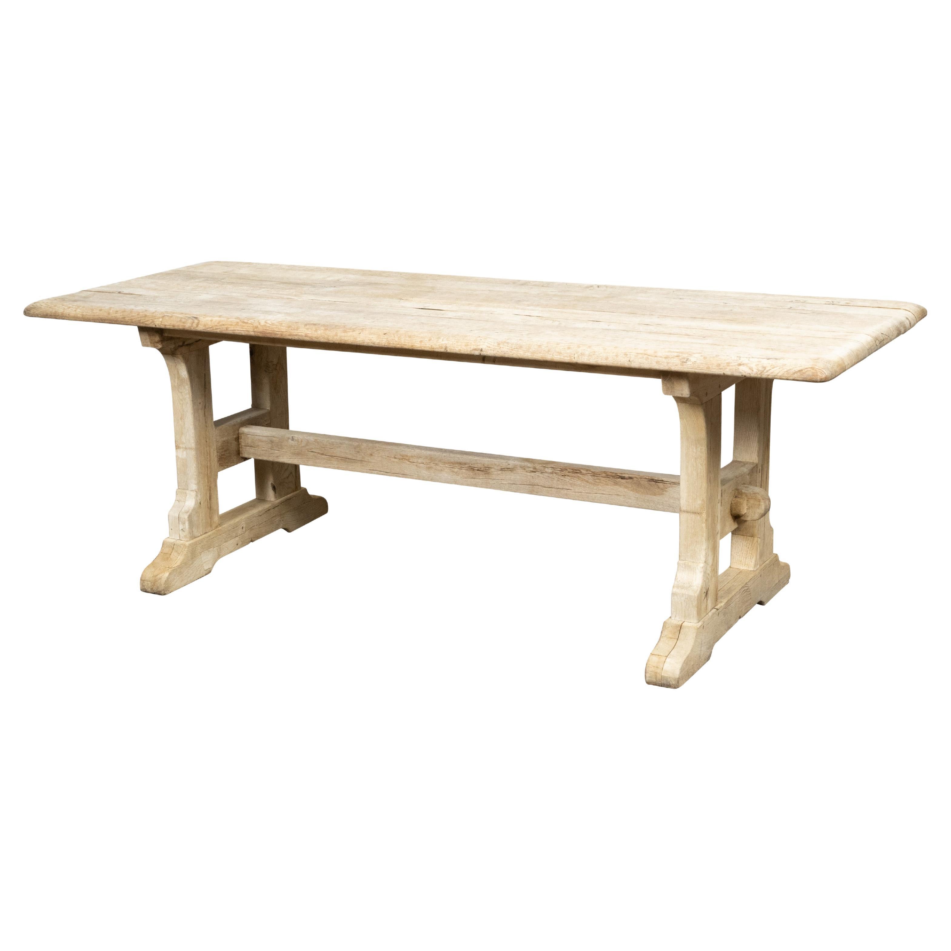 Rustic English 19th Century Natural Wood Farm Table with Trestle Base For Sale