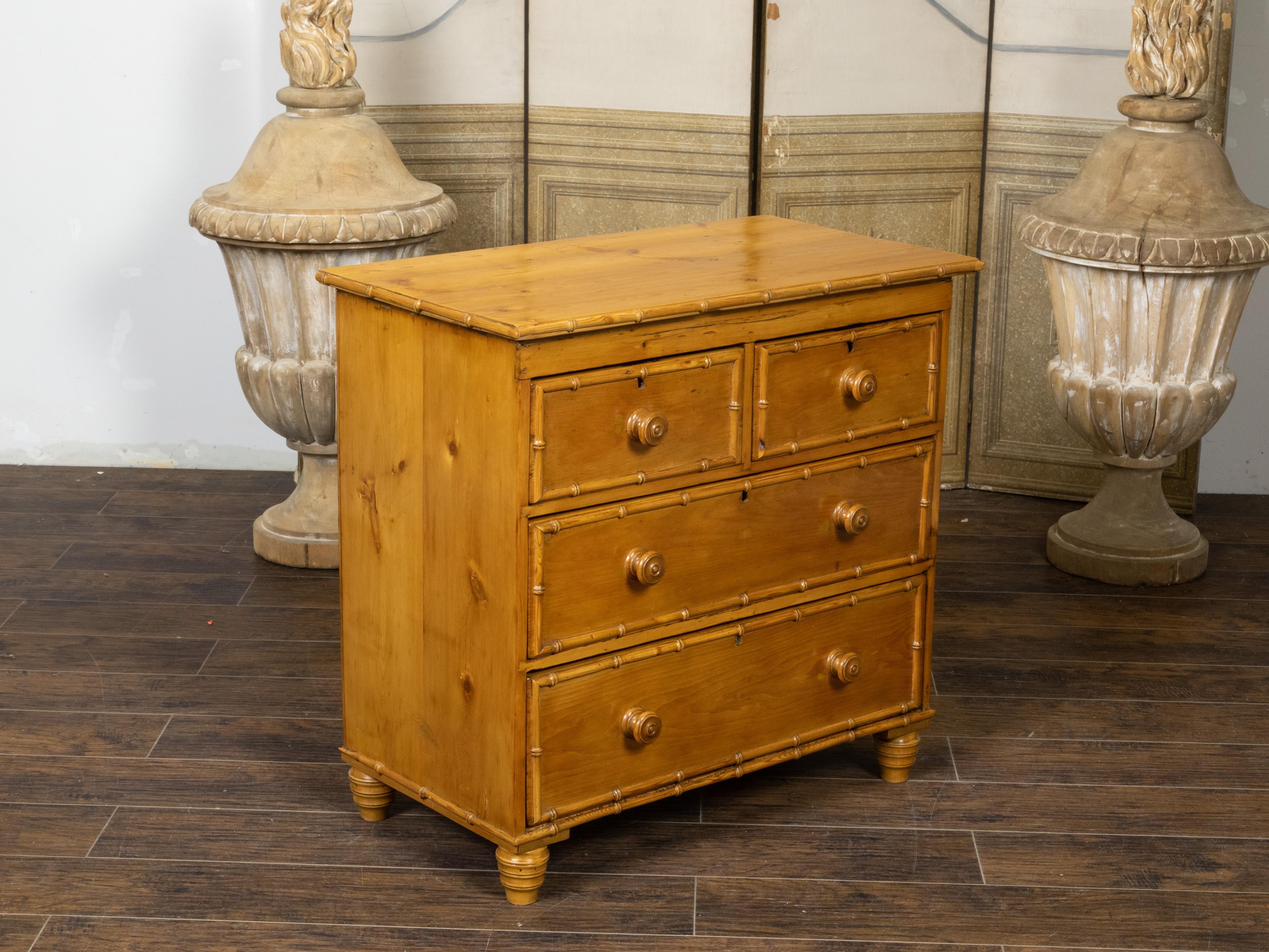 Rustic English 19th Century Pine Four-Drawer Chest with Faux Bamboo Accents 3