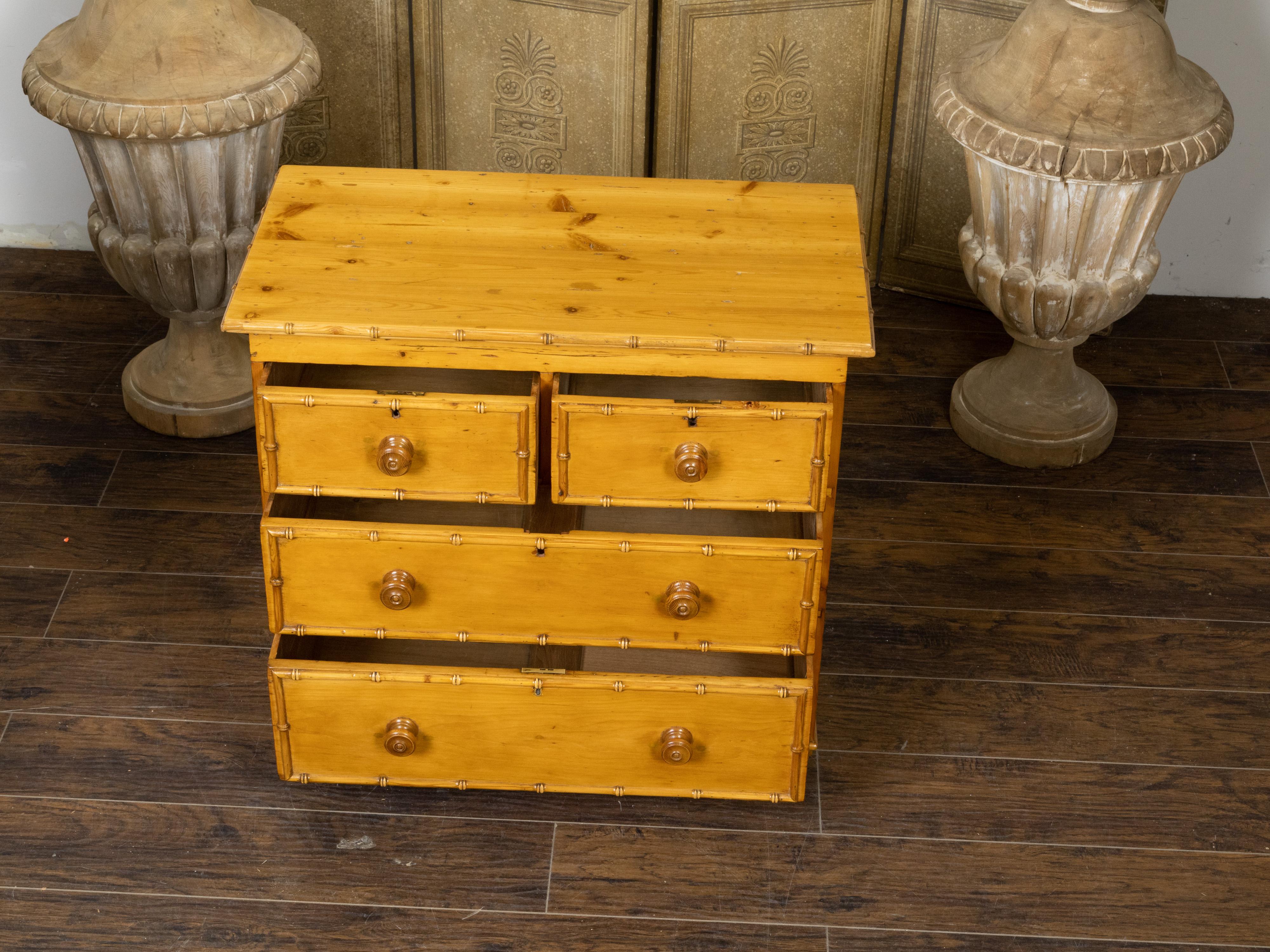 Rustic English 19th Century Pine Four-Drawer Chest with Faux Bamboo Accents 4