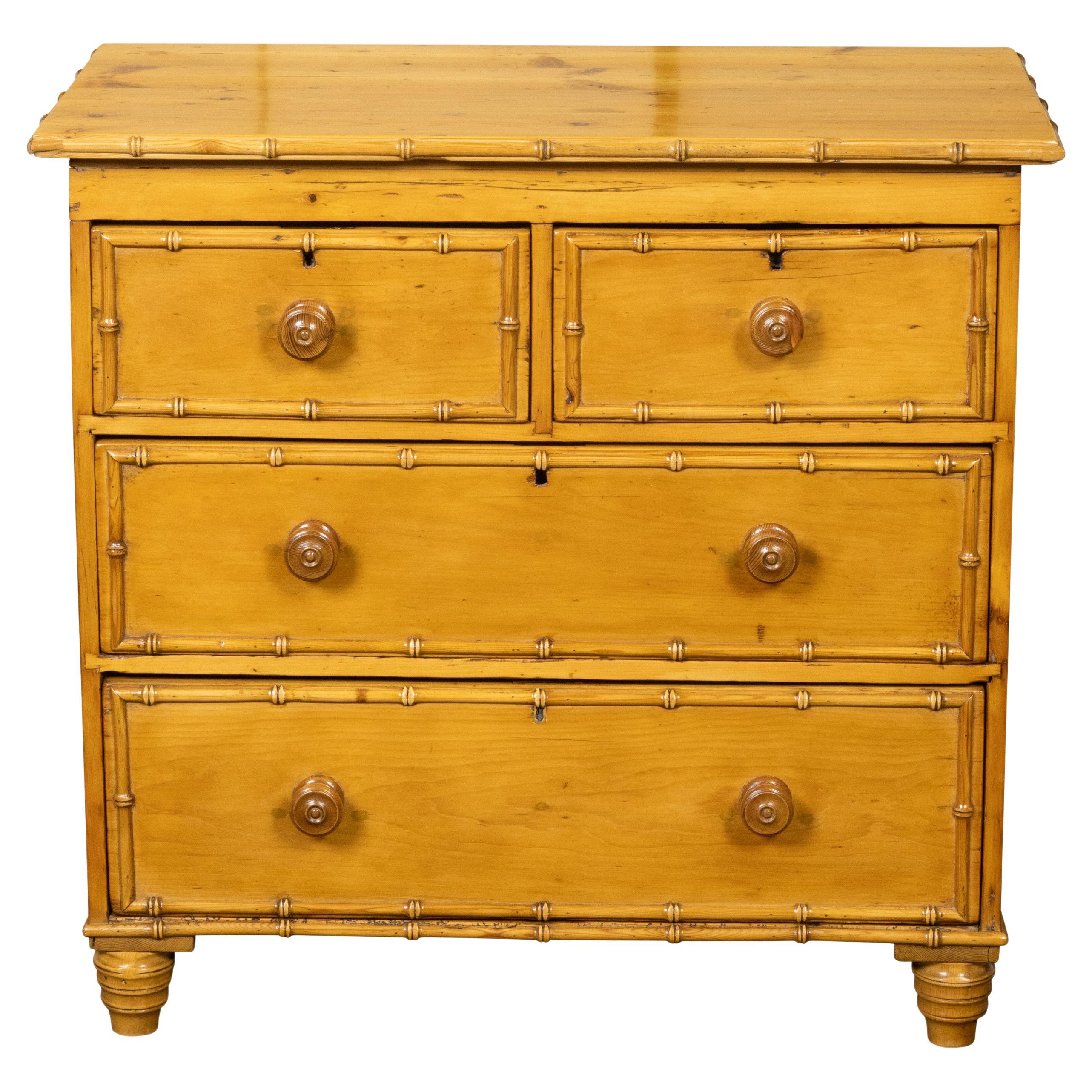 Rustic English 19th Century Pine Four-Drawer Chest with Faux Bamboo Accents