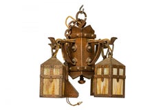 Rustic English Arts and Crafts Style Copper and Slag Glass Chandelier