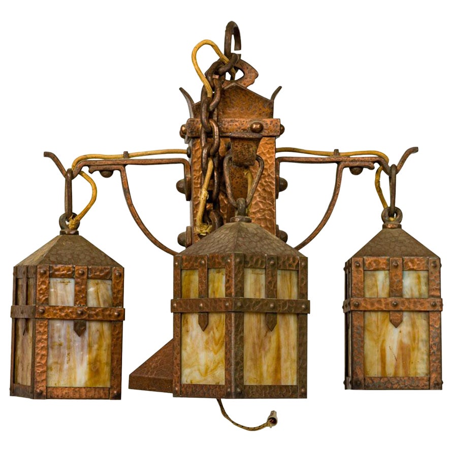 Rustic English Arts and Crafts Style Copper and Slag Glass Chandelier For Sale