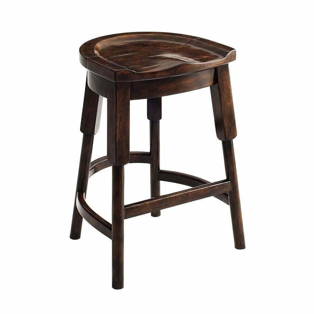 A rustic English country counter stool, the shaped saddle seat above turned legs and stretchers. 

Dimensions: 18.5