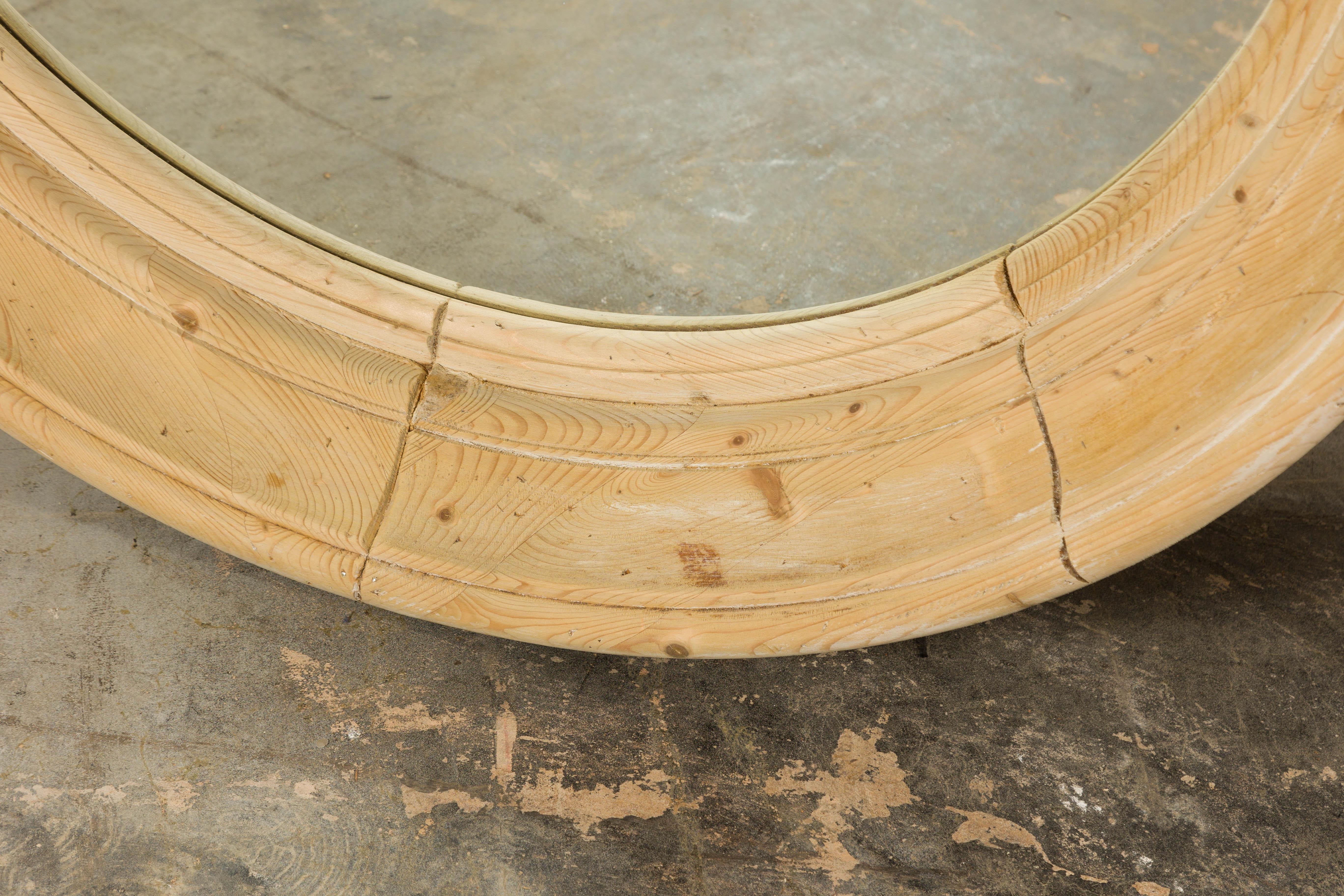 Rustic English Midcentury Pine Round Bullseye Mirror with Natural Finish 7