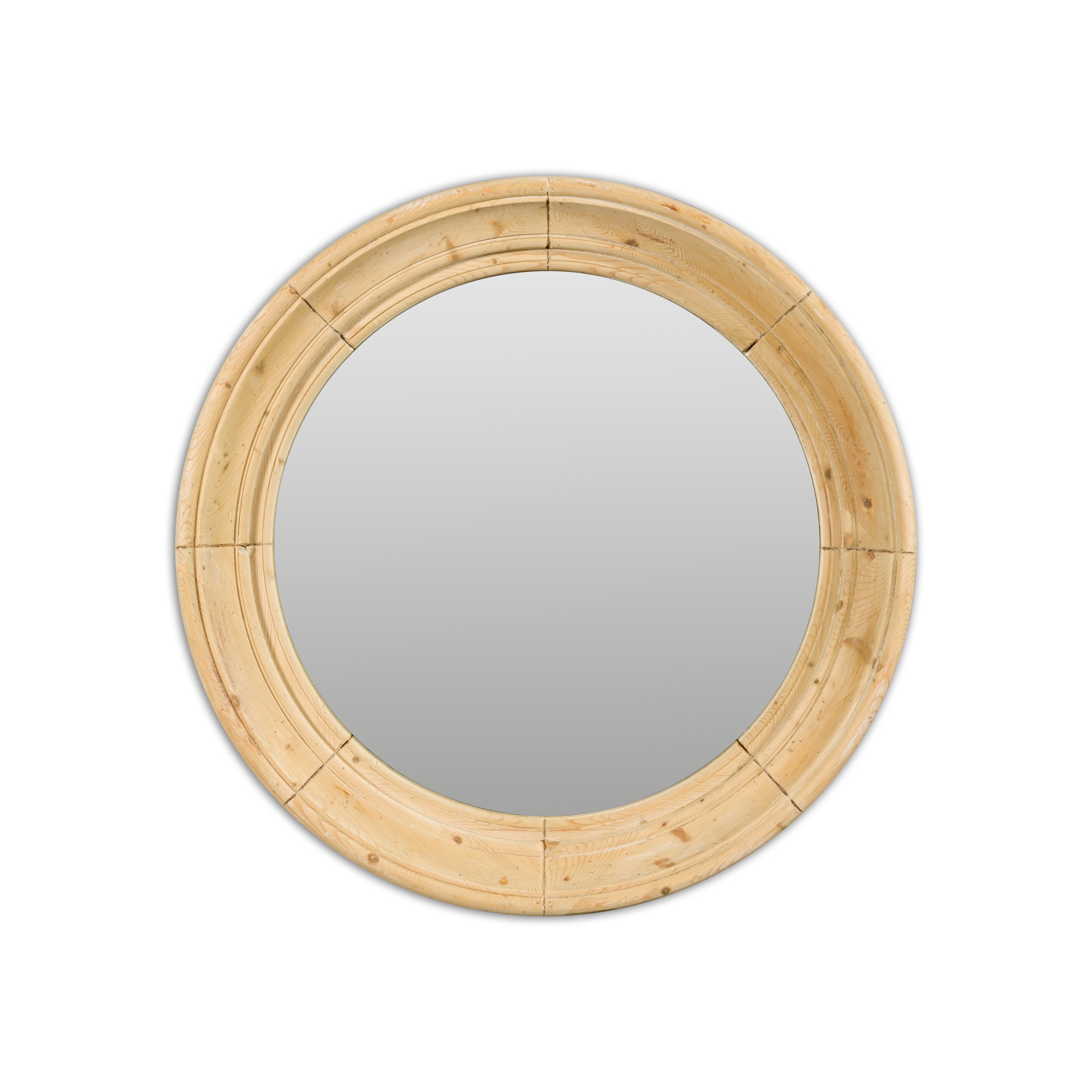 Rustic English Midcentury Pine Round Bullseye Mirror with Natural Finish 11