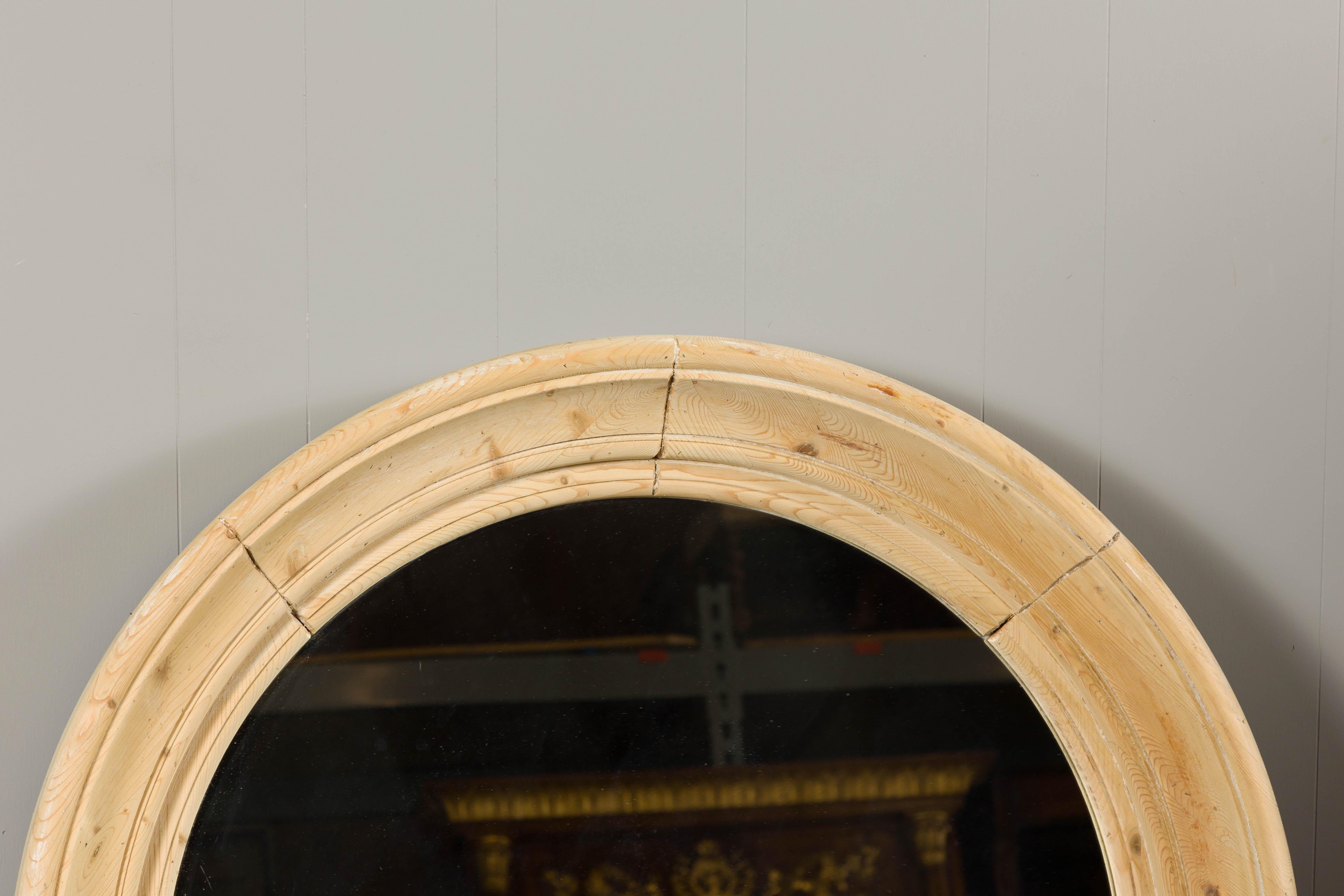 Mid-Century Modern Rustic English Midcentury Pine Round Bullseye Mirror with Natural Finish