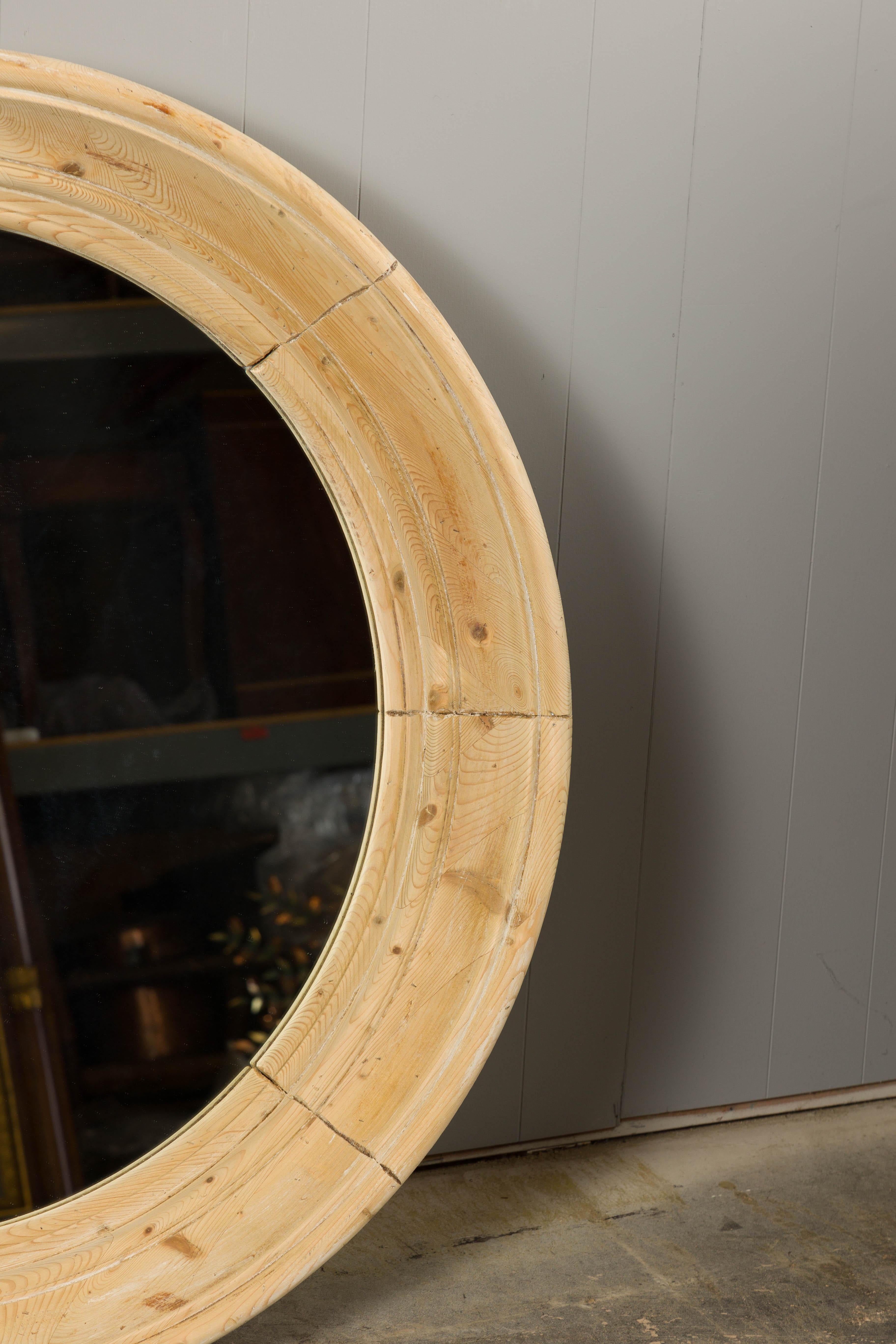 Rustic English Midcentury Pine Round Bullseye Mirror with Natural Finish 1