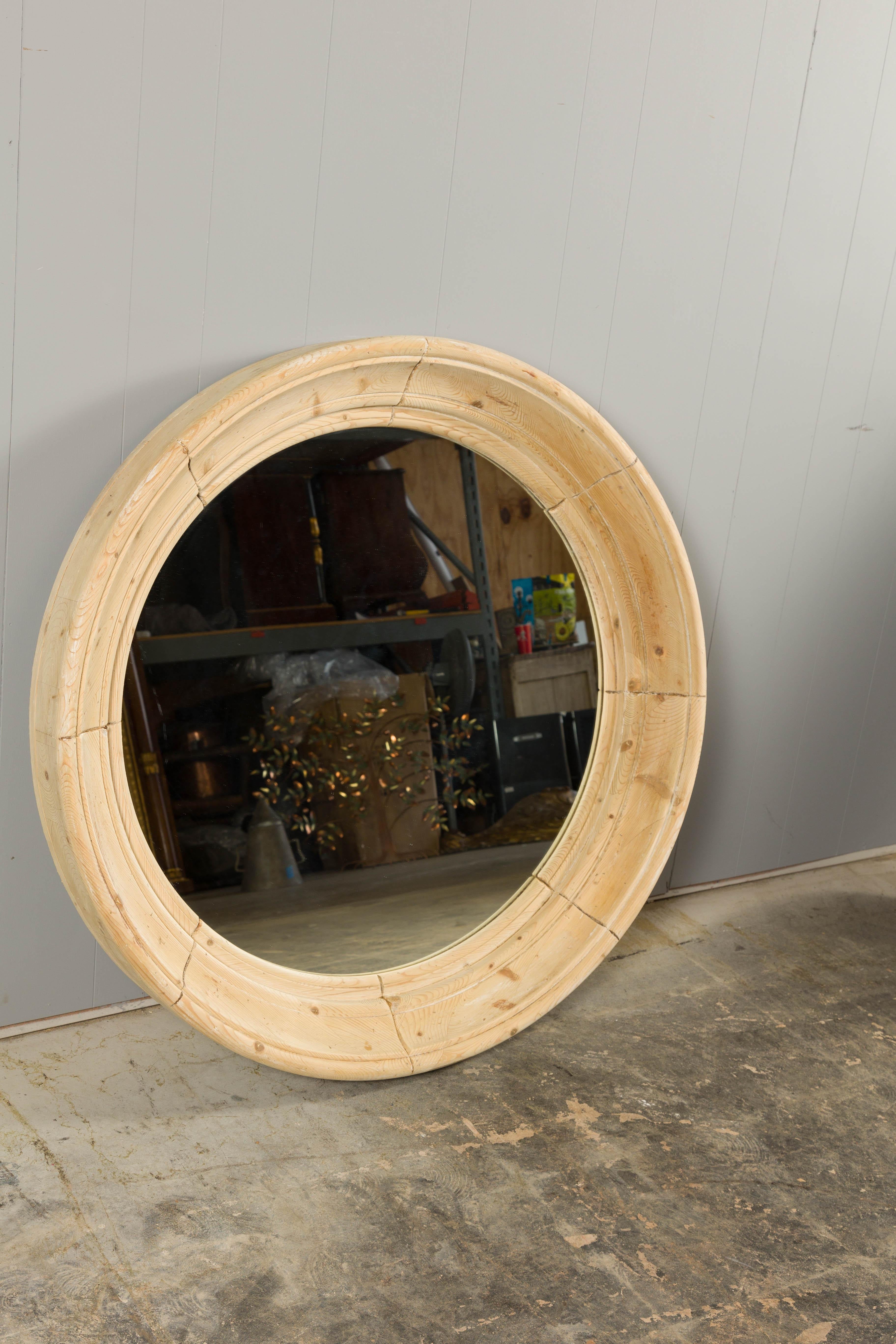Rustic English Midcentury Pine Round Bullseye Mirror with Natural Finish 2