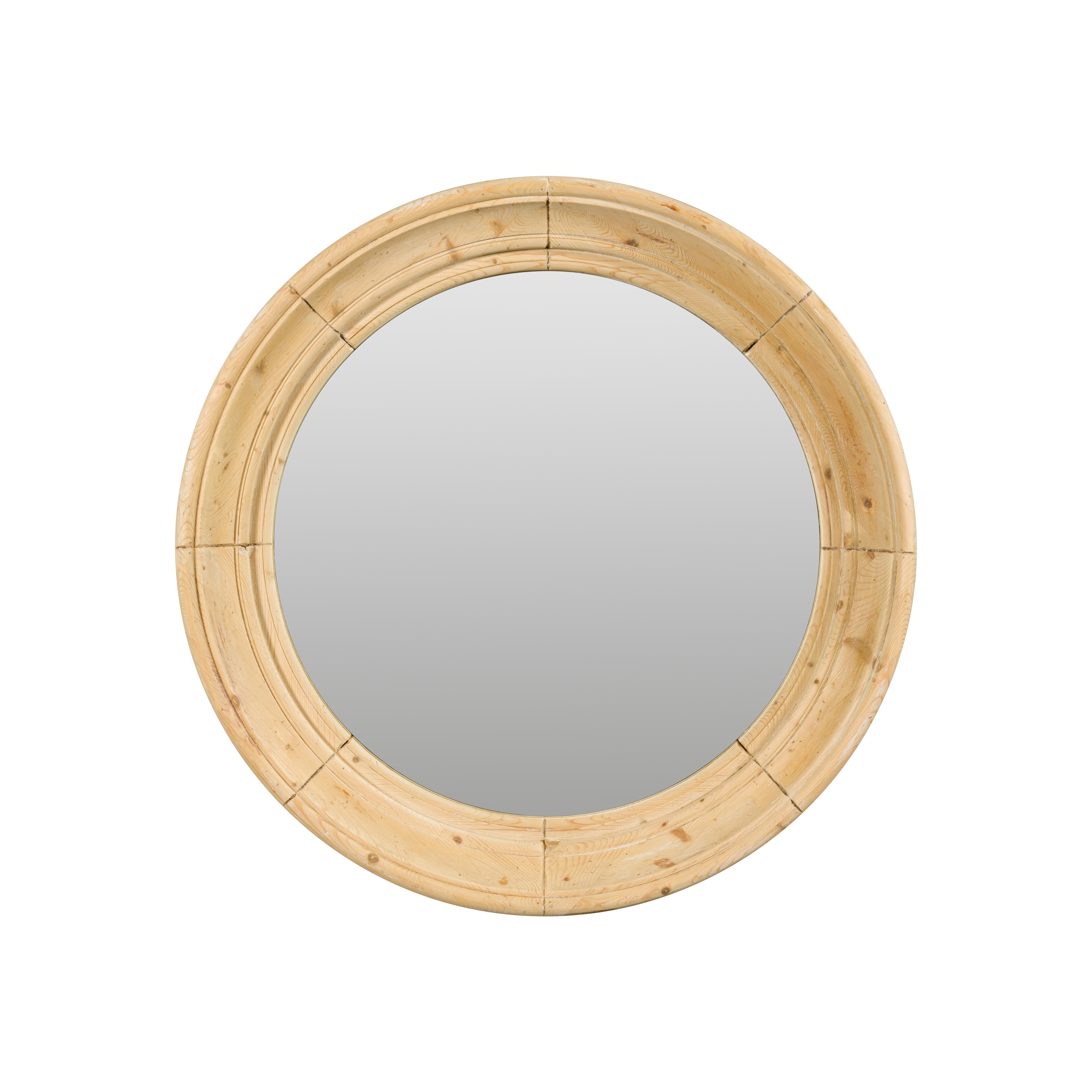 Rustic English Midcentury Pine Round Bullseye Mirror with Natural Finish 3