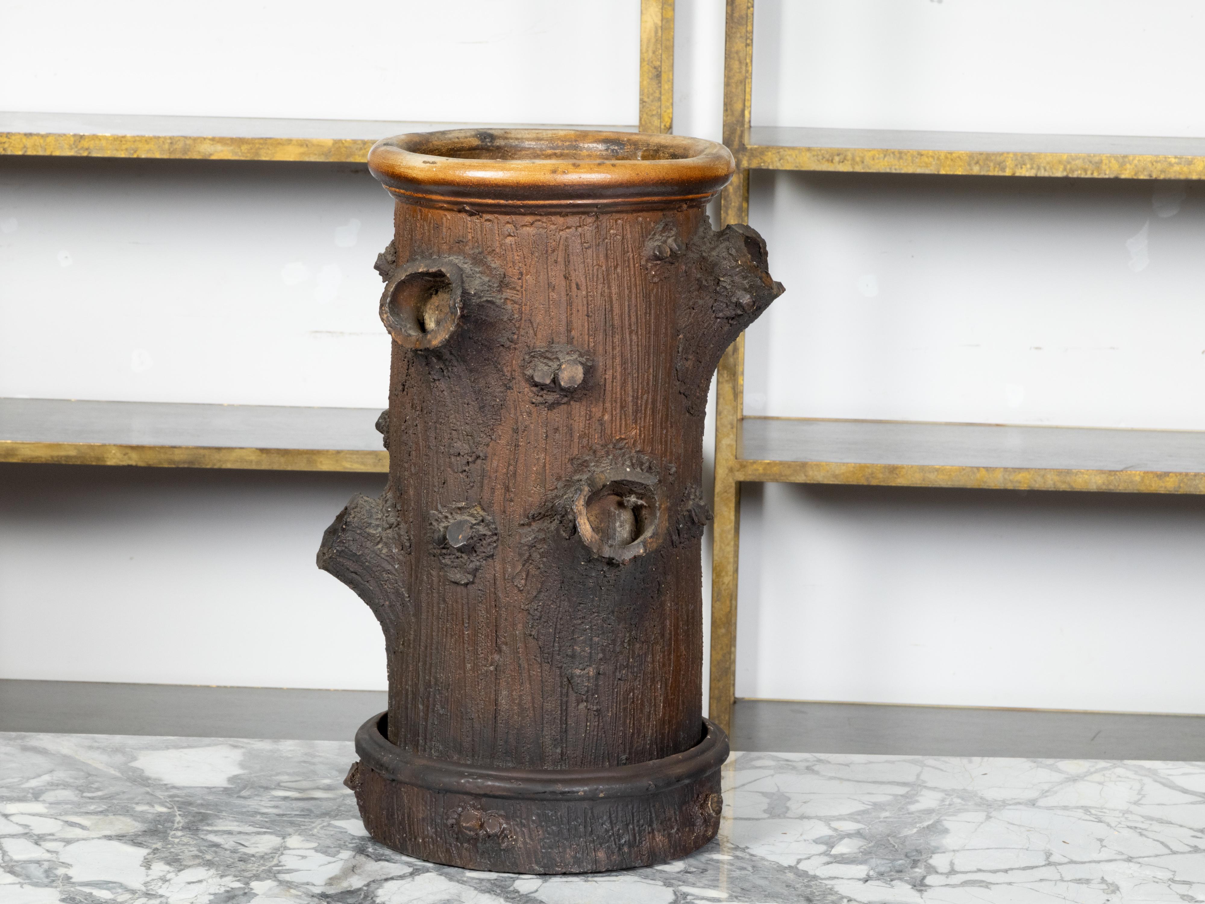 Painted Rustic English Terracotta Faux Bois Umbrella Stand Depicting a Tree Trunk