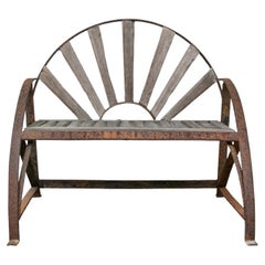 Antique Rustic English Victorian 19th Century Iron Garden Bench with Fan Shaped Back