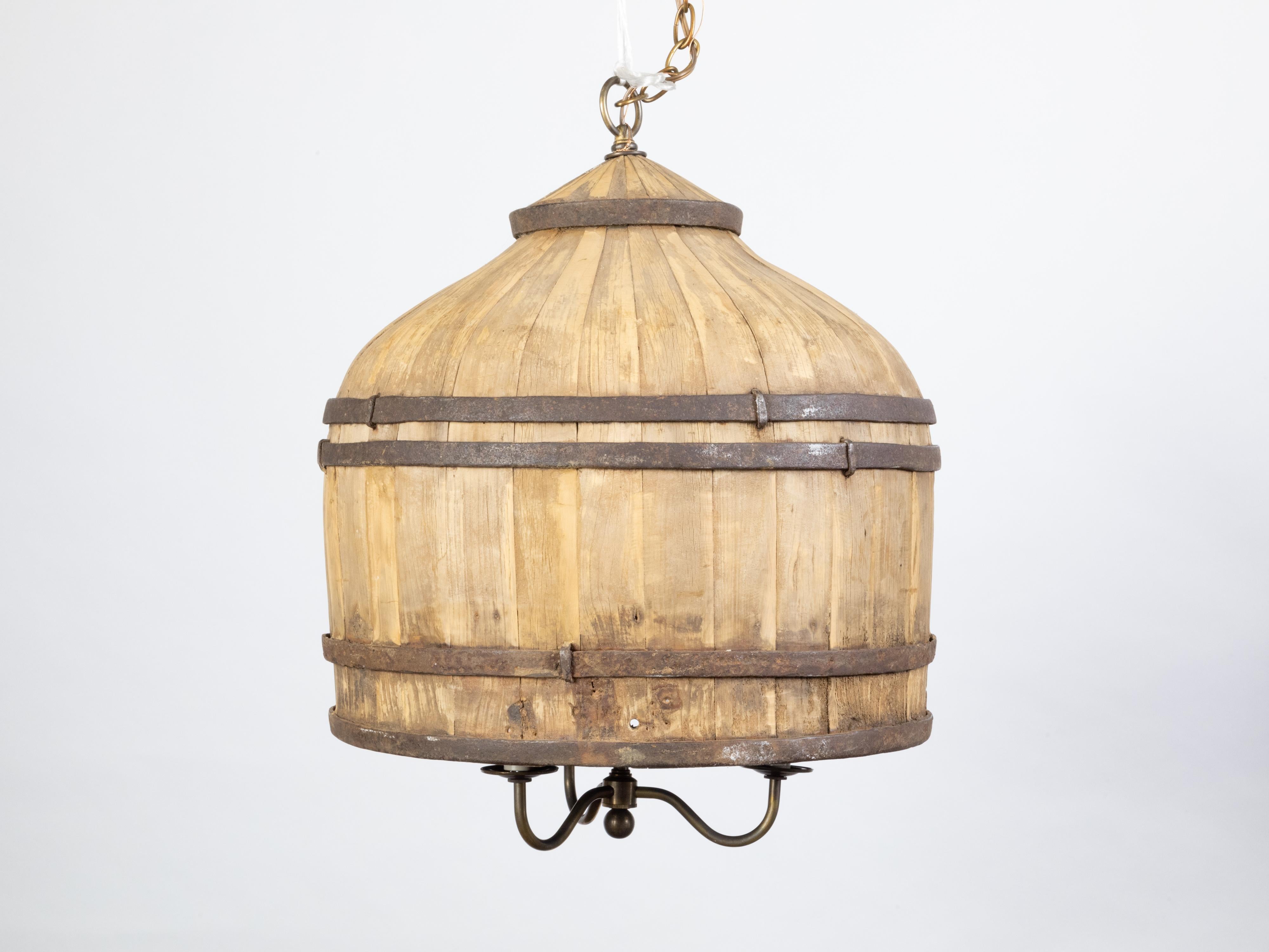 Metal Rustic English Vintage Wooden Barrel Light Fixture with Three Scrolling Arms For Sale