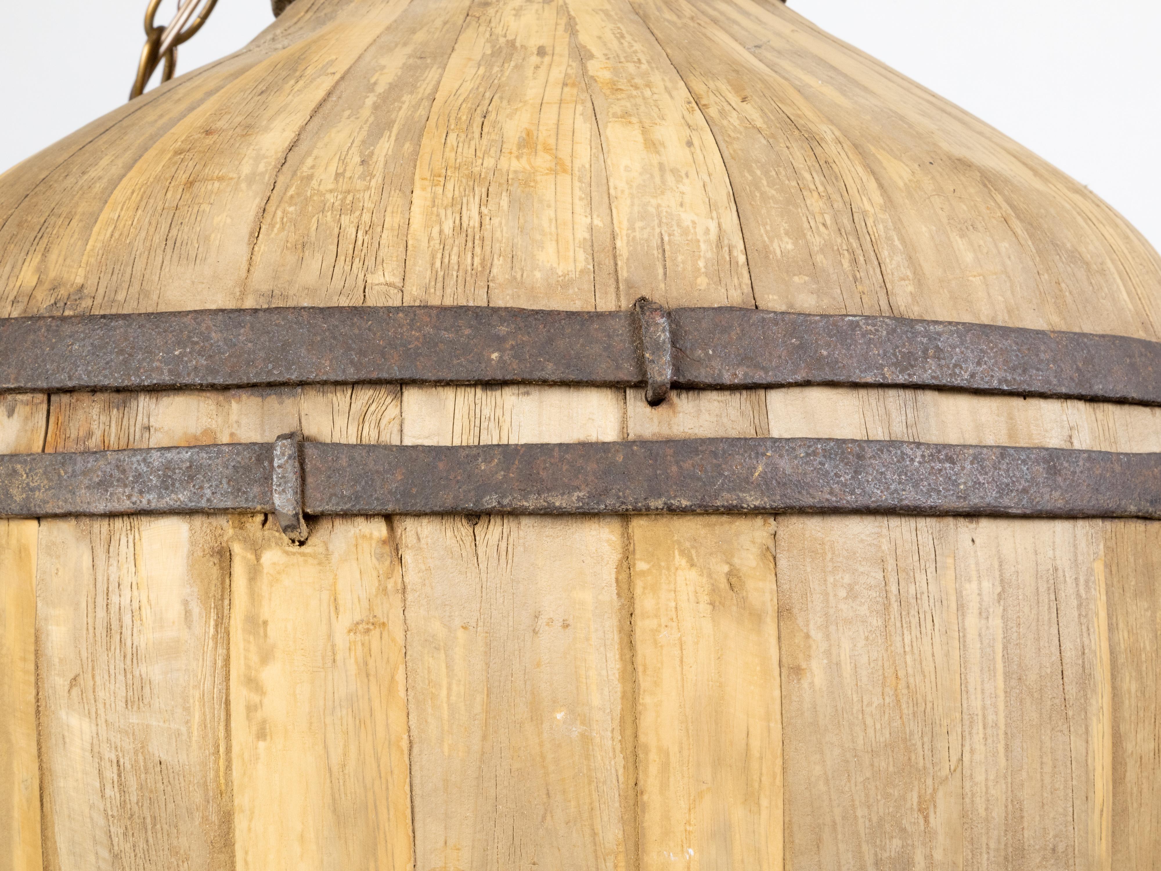 Rustic English Vintage Wooden Barrel Light Fixture with Three Scrolling Arms For Sale 3