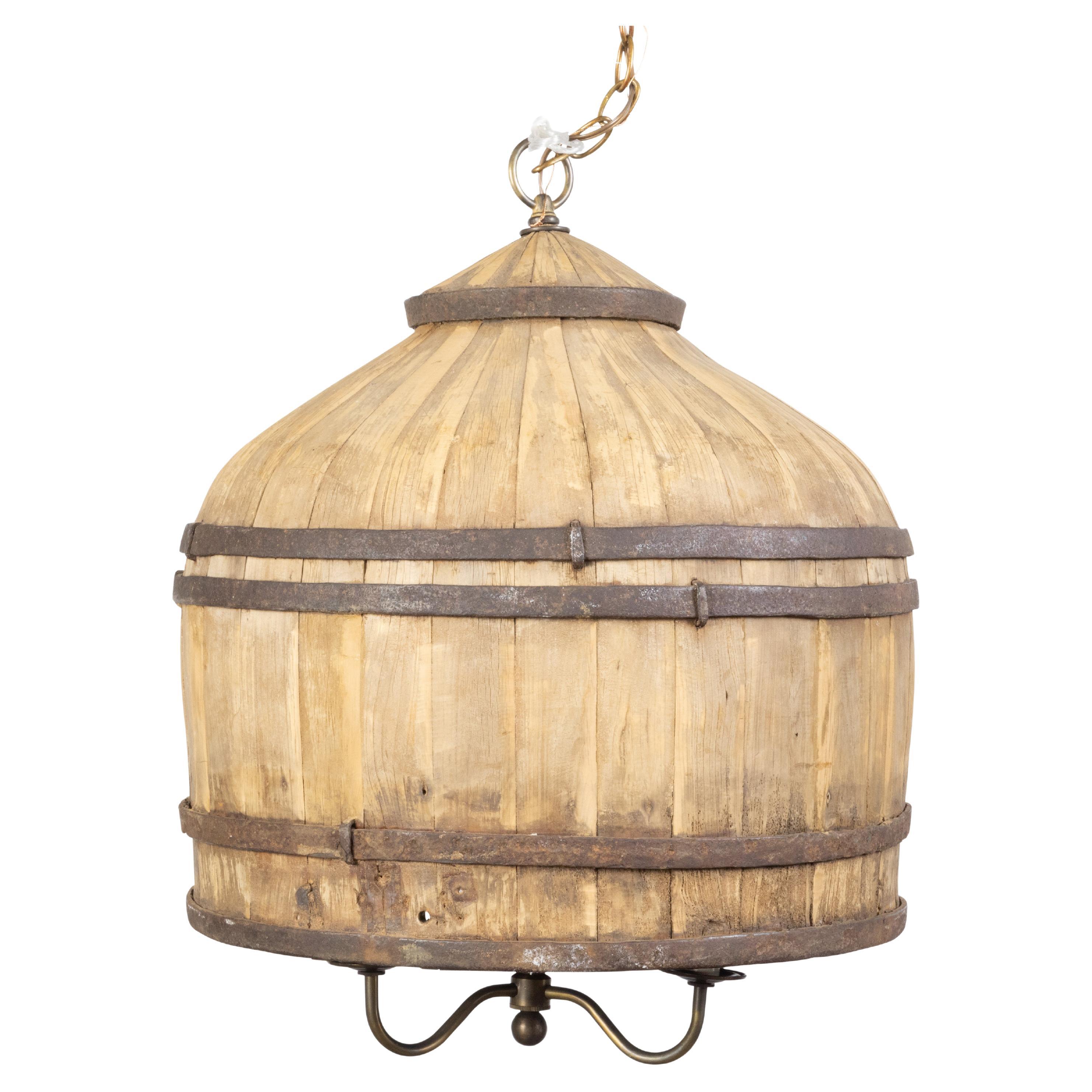 Rustic English Vintage Wooden Barrel Light Fixture with Three Scrolling Arms For Sale
