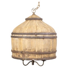 Rustic English Vintage Wooden Barrel Light Fixture with Three Scrolling Arms