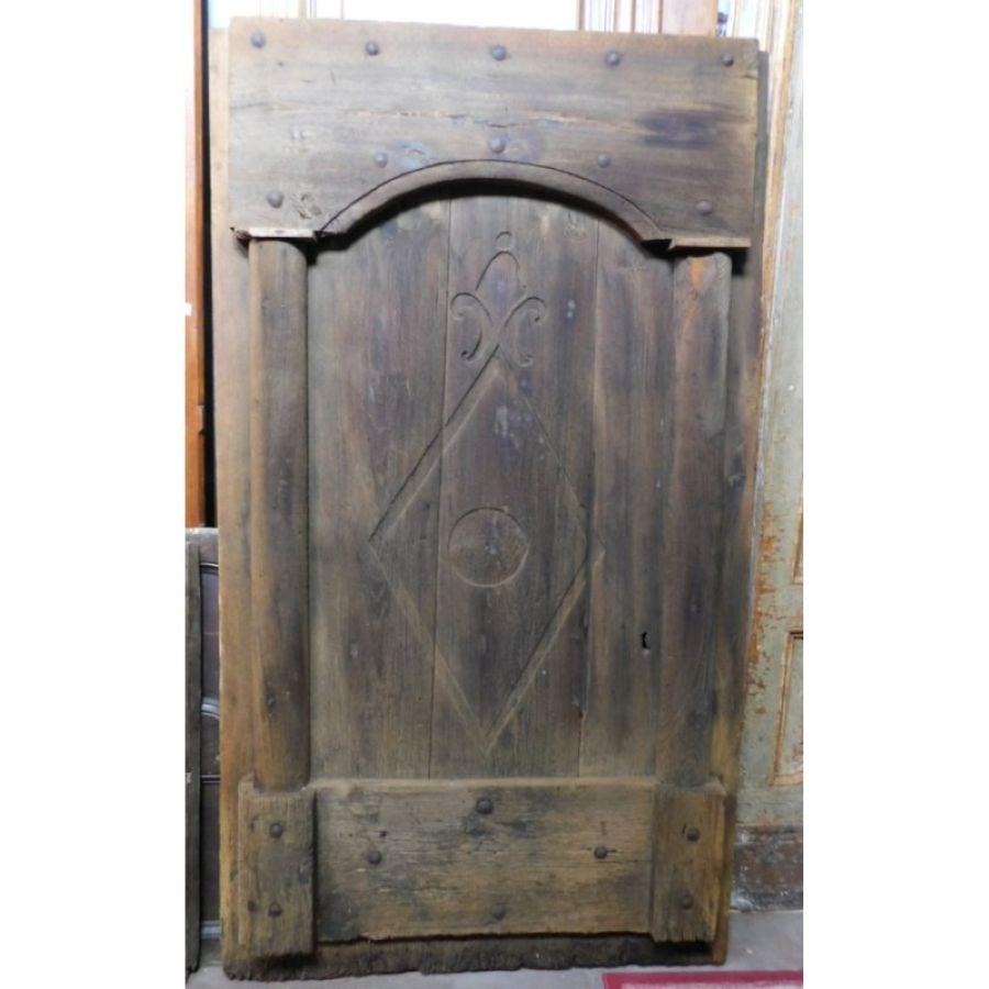 19th Century Rustic Entrance main Door, Dark Brown Chestnut Hand Carved, Italy For Sale