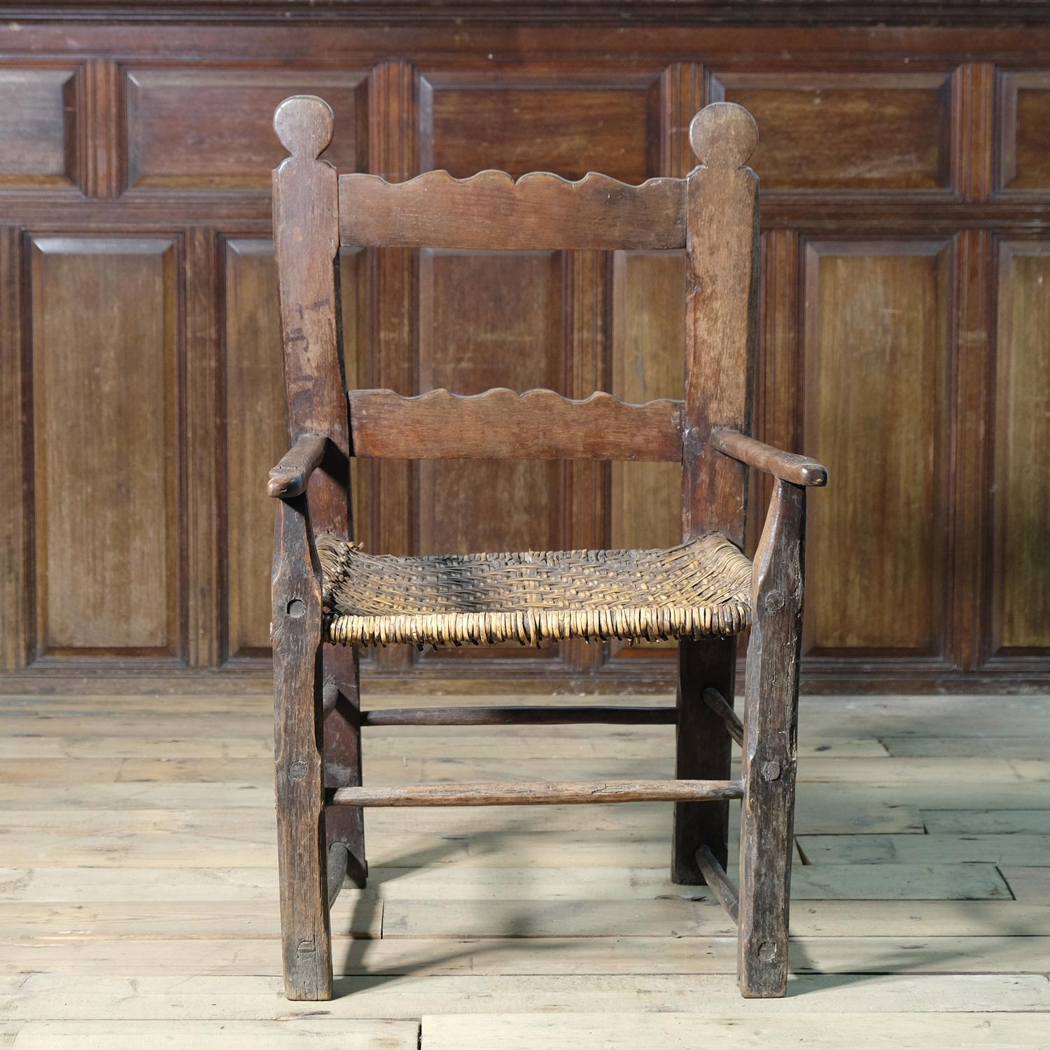Hand-Carved Rustic European Folk Art Chair, Vernacular and Primitive, Woven Seat
