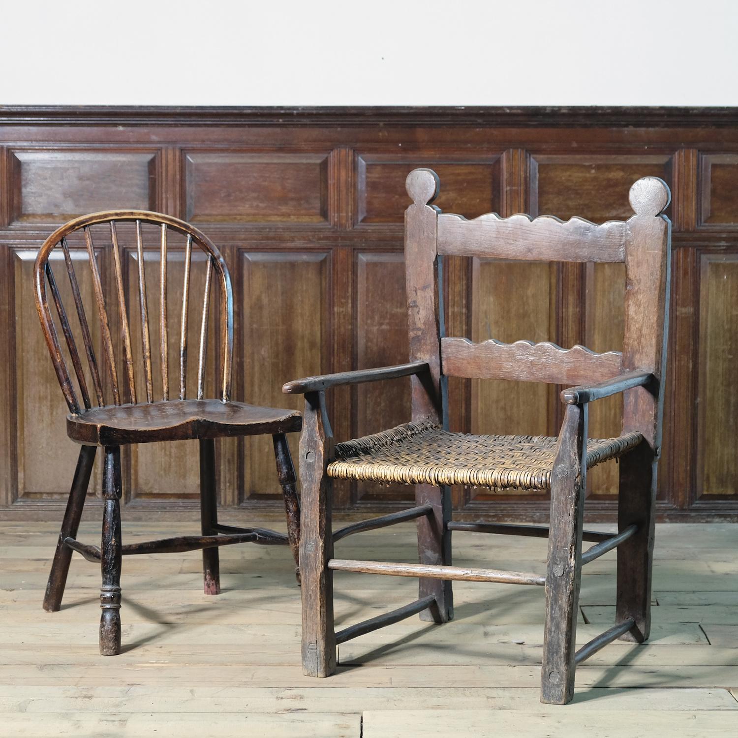 Rustic European Folk Art Chair, Vernacular and Primitive, Woven Seat In Fair Condition In Totnes, GB